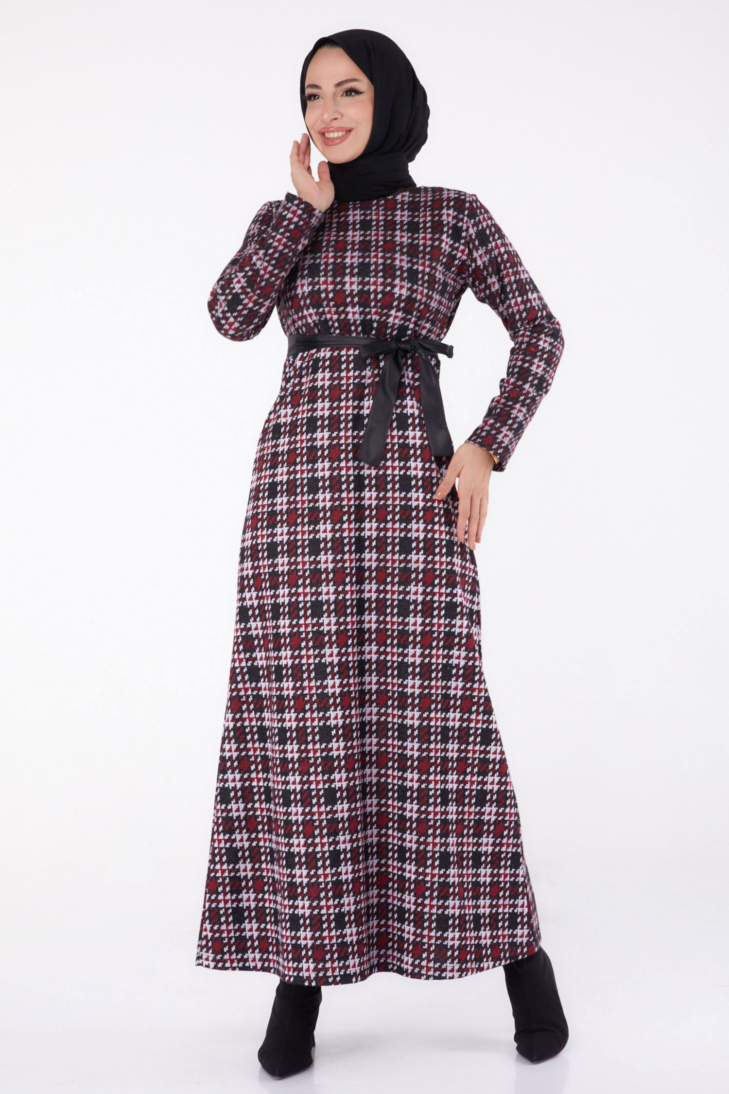 Kazayağı Desenli Kuşaklı Elbise - 27756-BORDO - 1
