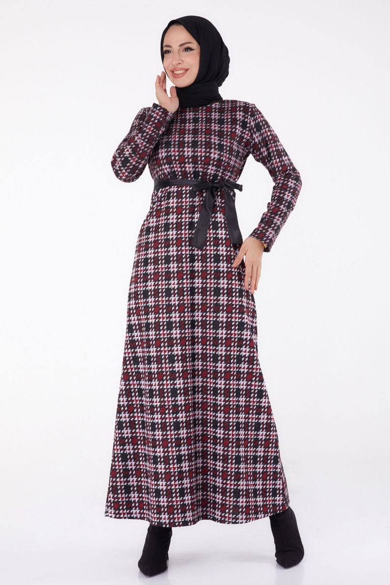 Kazayağı Desenli Kuşaklı Elbise - 27756-BORDO - TOFİSA
