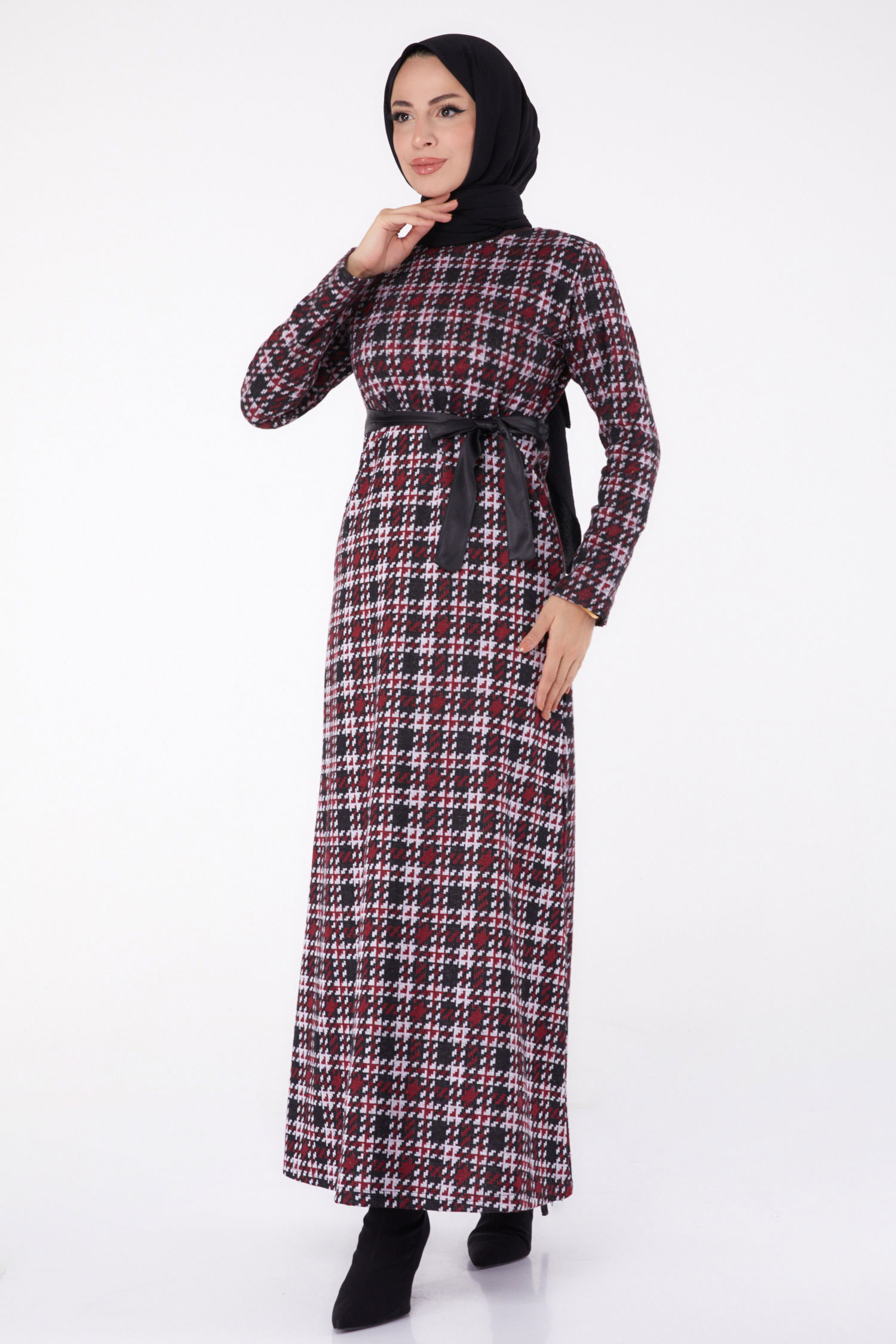 Kazayağı Desenli Kuşaklı Elbise - 27756-BORDO - 2