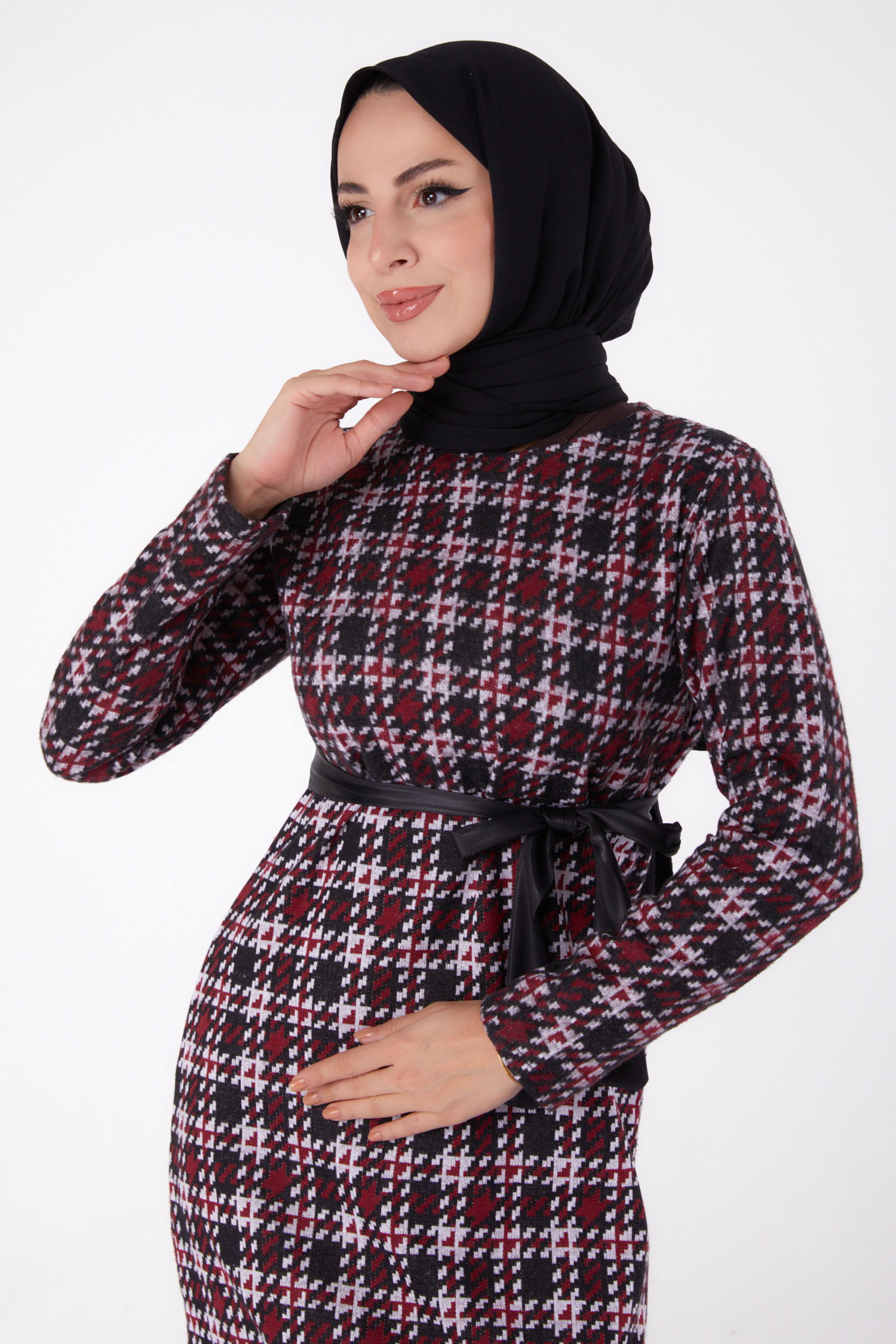 Kazayağı Desenli Kuşaklı Elbise - 27756-BORDO - 3