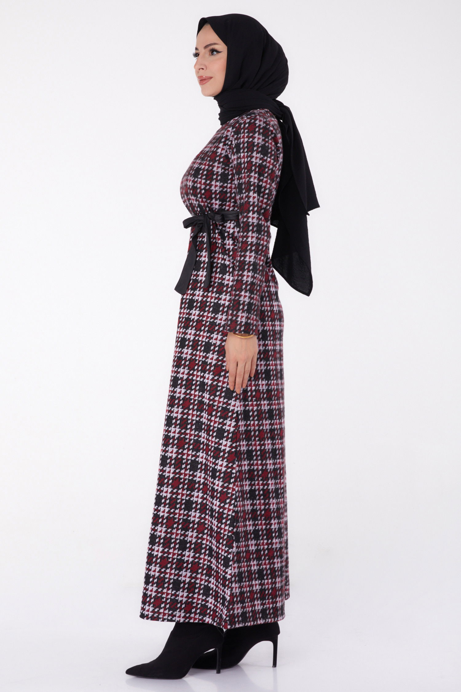 Kazayağı Desenli Kuşaklı Elbise - 27756-BORDO - 4