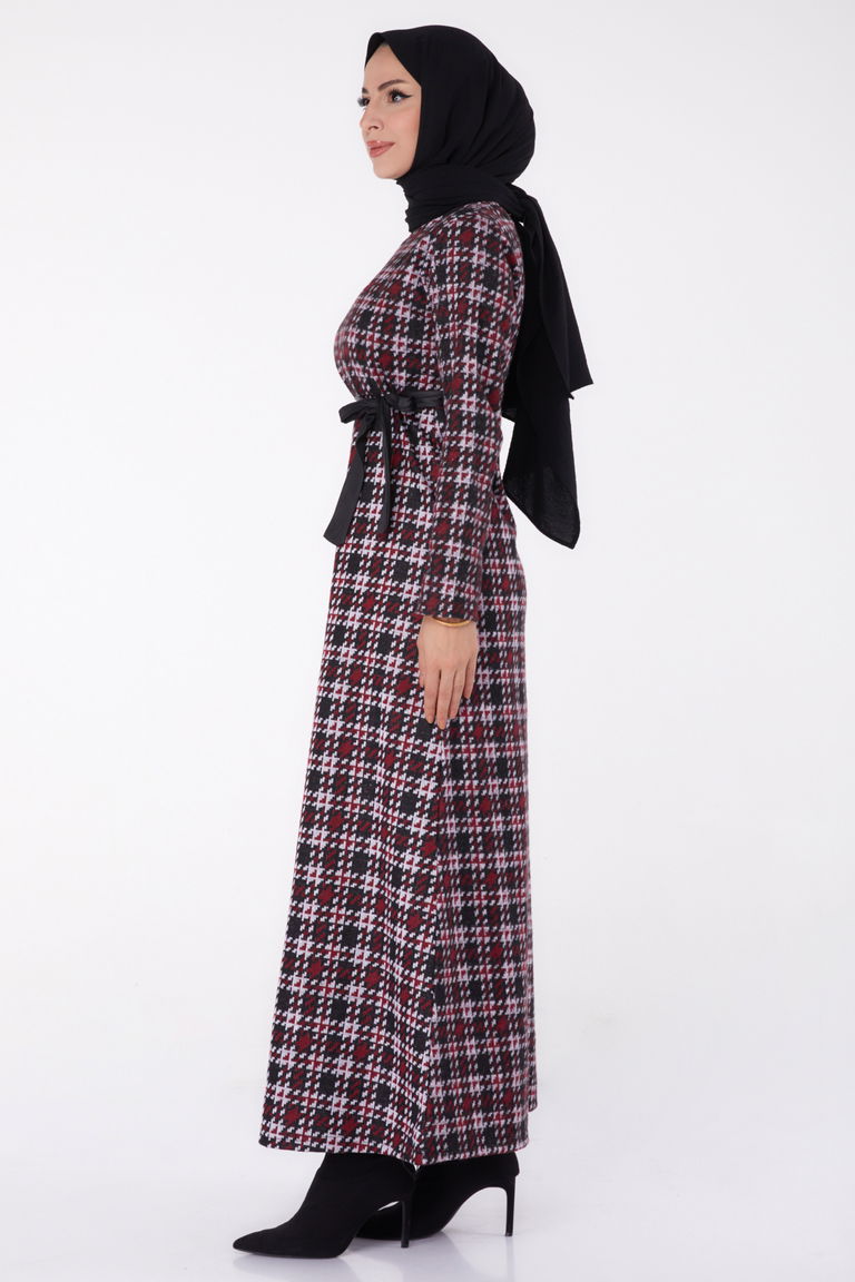 Kazayağı Desenli Kuşaklı Elbise - 27756-BORDO - TOFİSA