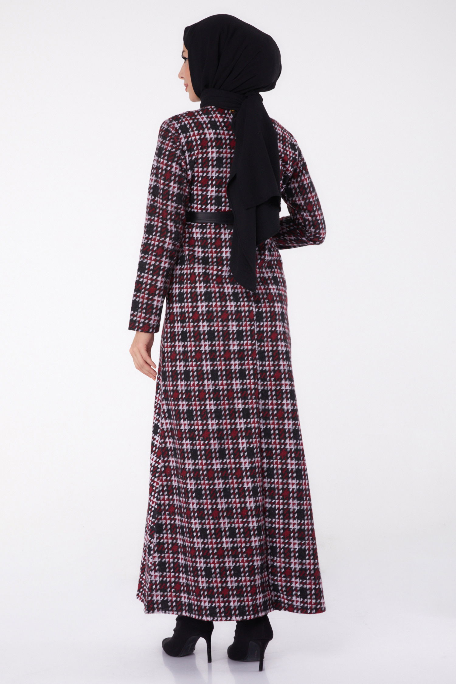 Kazayağı Desenli Kuşaklı Elbise - 27756-BORDO - 6