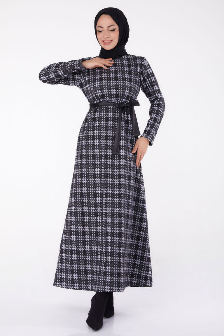 Kazayağı Desenli Kuşaklı Elbise - 27756-HAKI - TOFİSA