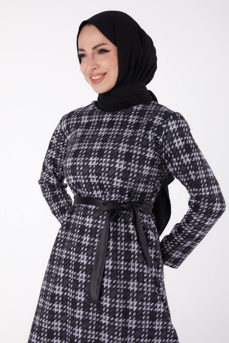 Kazayağı Desenli Kuşaklı Elbise - 27756-HAKI - TOFİSA