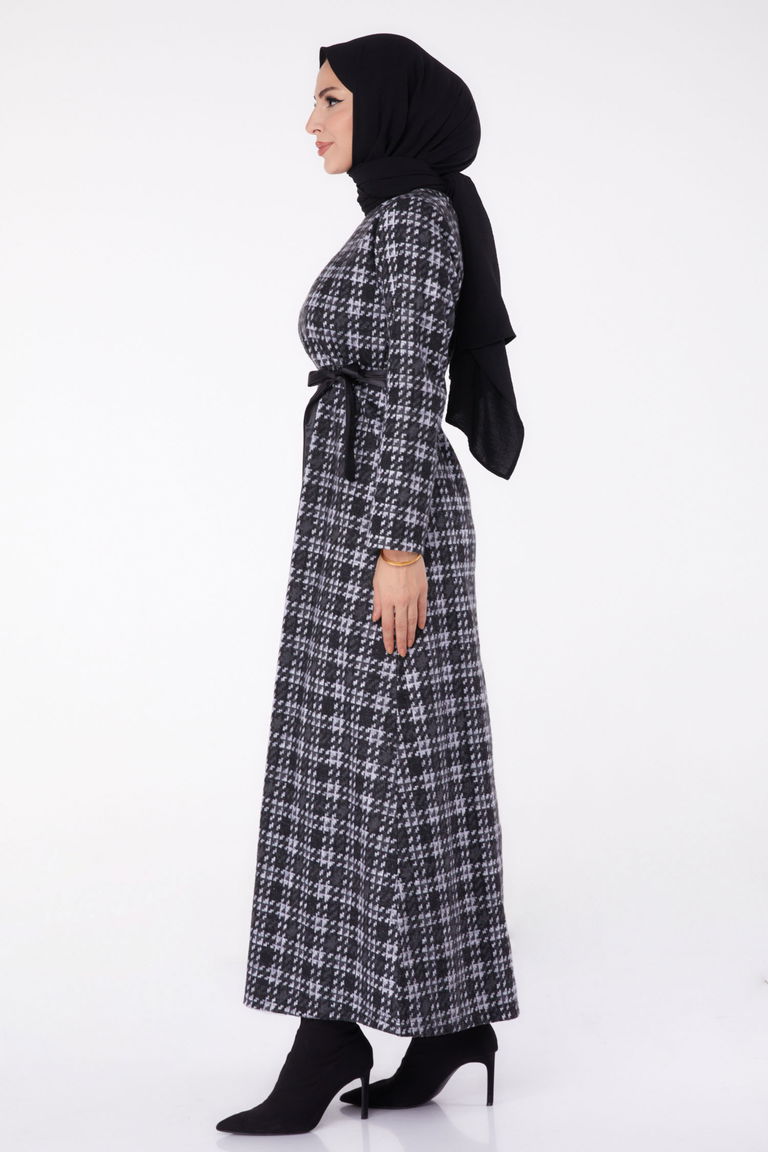 Kazayağı Desenli Kuşaklı Elbise - 27756-HAKI - TOFİSA