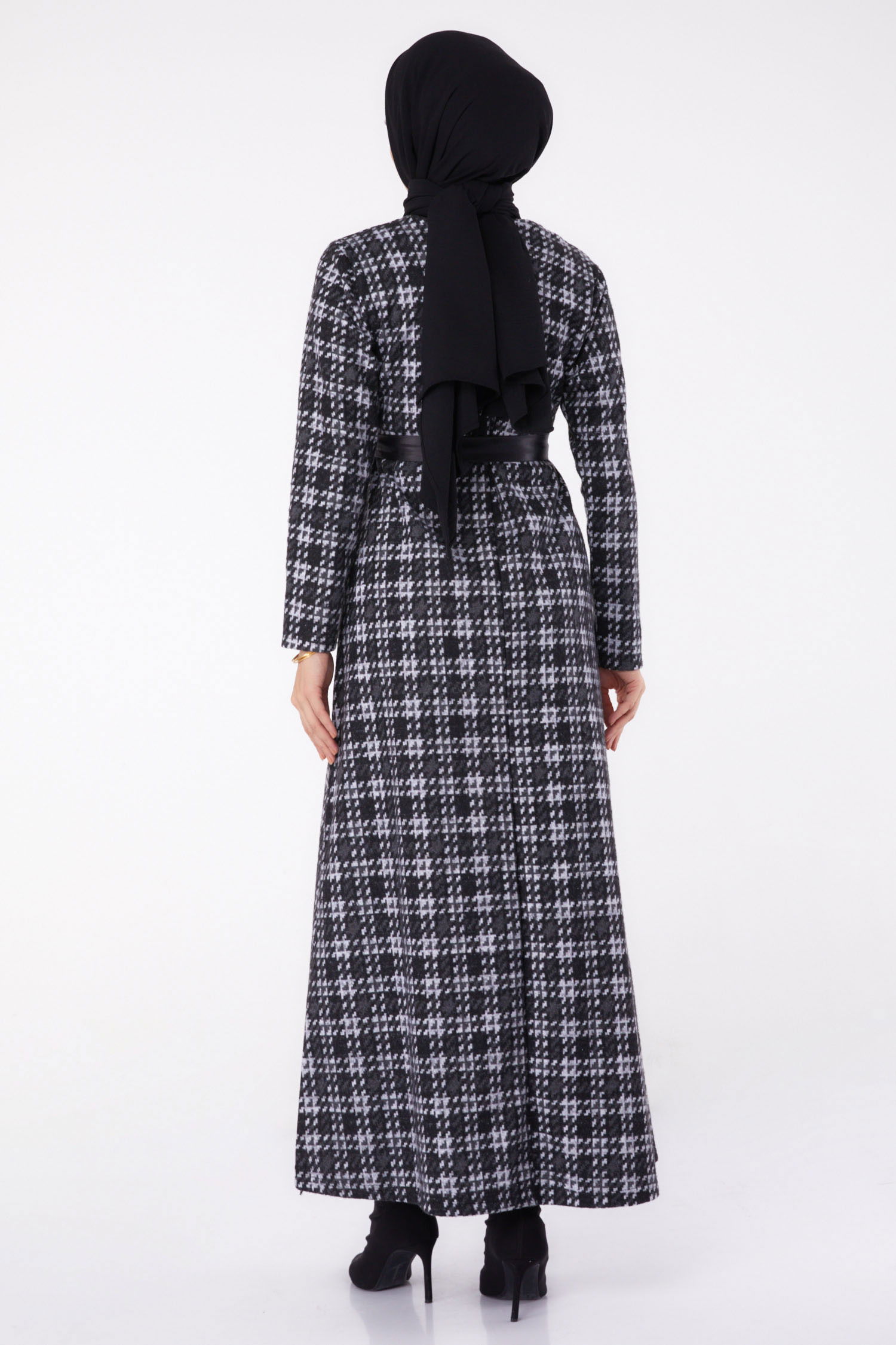 Kazayağı Desenli Kuşaklı Elbise - 27756-HAKI - 6