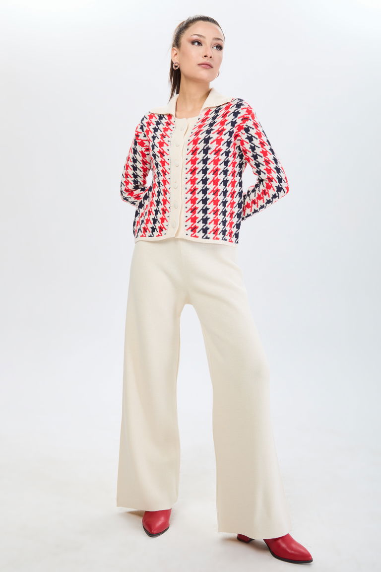 Kazayağı Desenli Triko Takım - 27723-KREM - TOFİSA