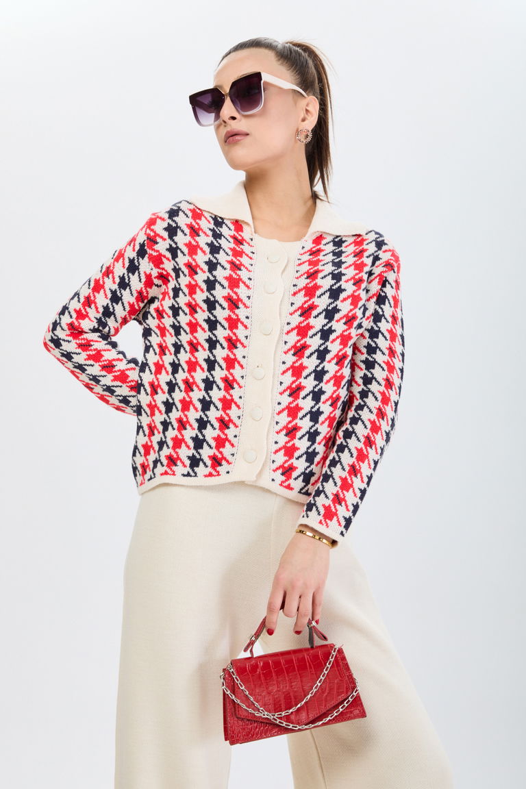 Kazayağı Desenli Triko Takım - 27723-KREM - TOFİSA