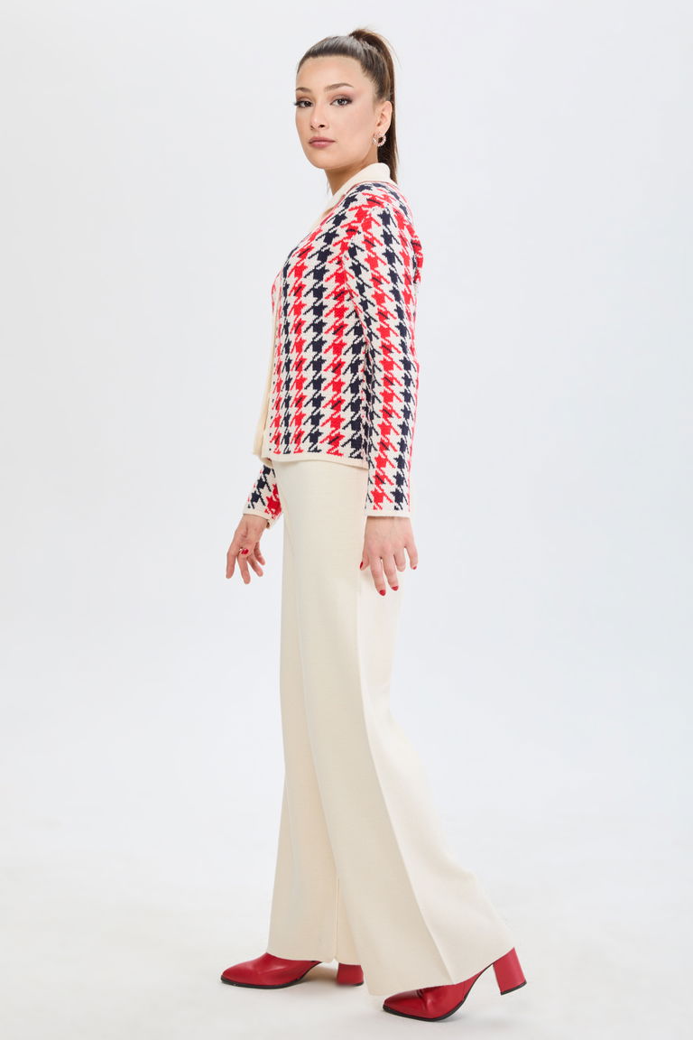 Kazayağı Desenli Triko Takım - 27723-KREM - TOFİSA