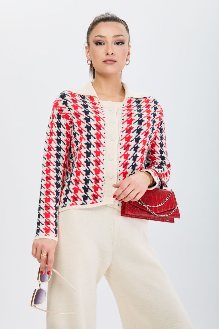 Kazayağı Desenli Triko Takım - 27723-KREM - TOFİSA