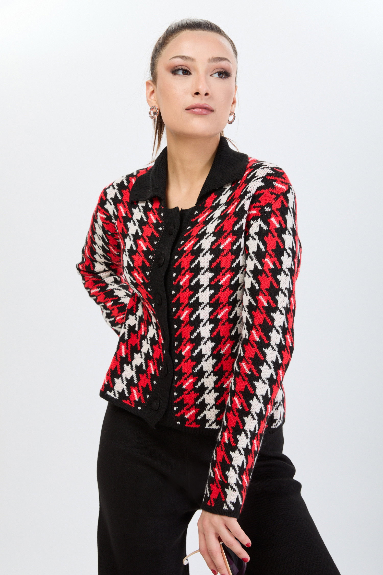 Kazayağı Desenli Triko Takım - 27723-SIYAH - 2