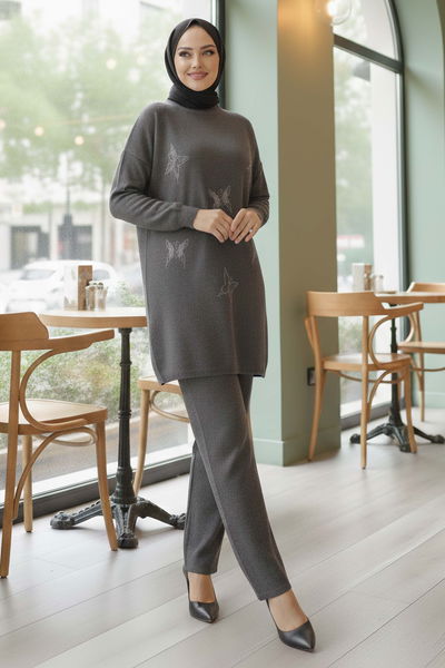 Kelebek Taş Detaylı Triko İkili Takım - 28122-ANTRASIT 