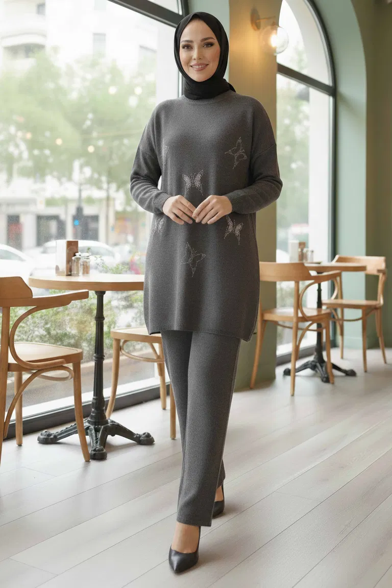 Kelebek Taş Detaylı Triko İkili Takım - 28122-ANTRASIT - TOFİSA