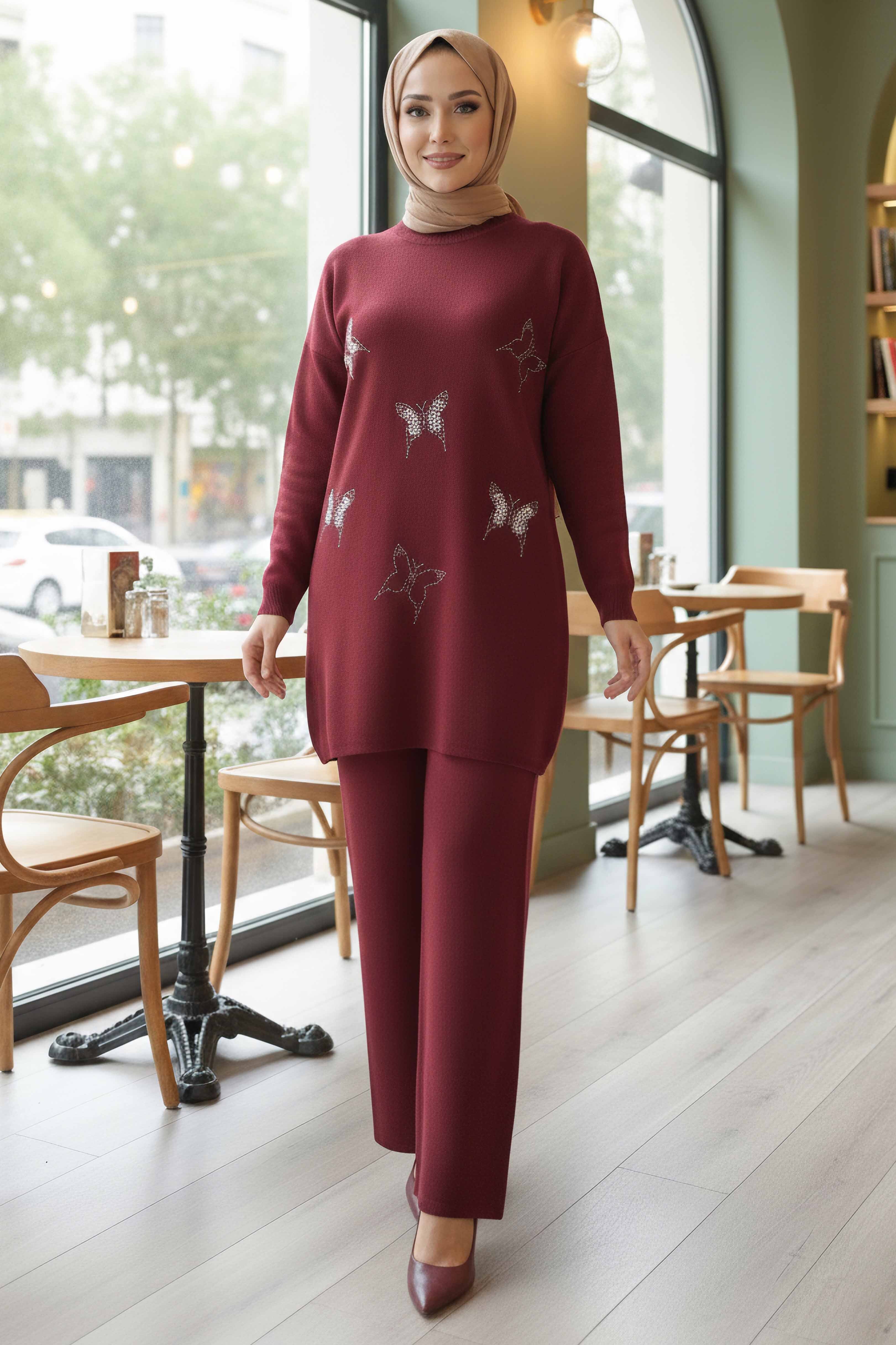 Kelebek Taş Detaylı Triko İkili Takım - 28122-BORDO - 1