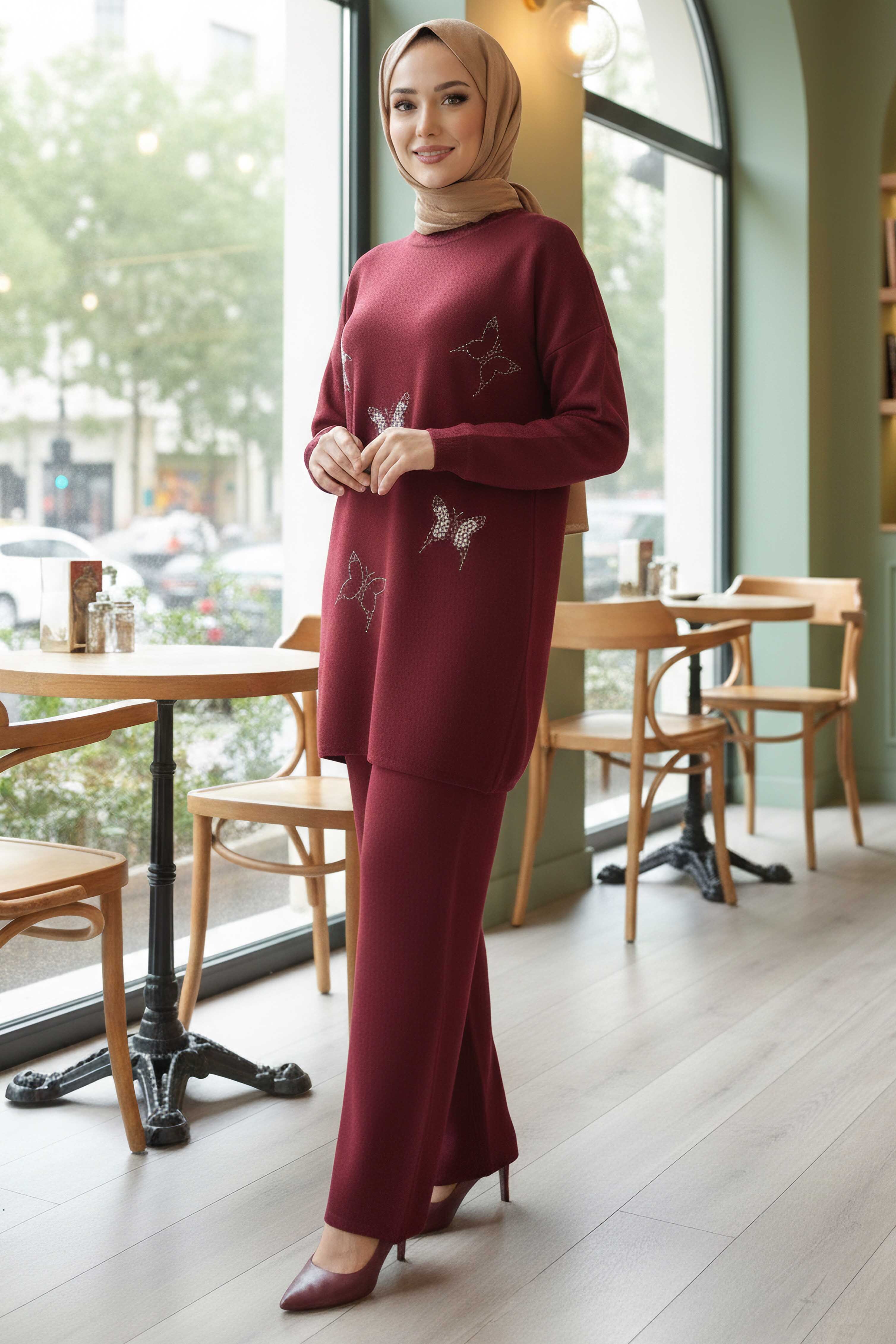 Kelebek Taş Detaylı Triko İkili Takım - 28122-BORDO - 2