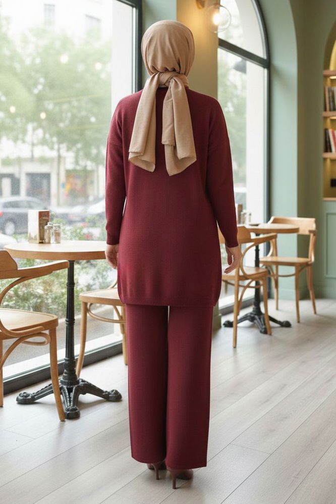 Kelebek Taş Detaylı Triko İkili Takım - 28122-BORDO - TOFİSA