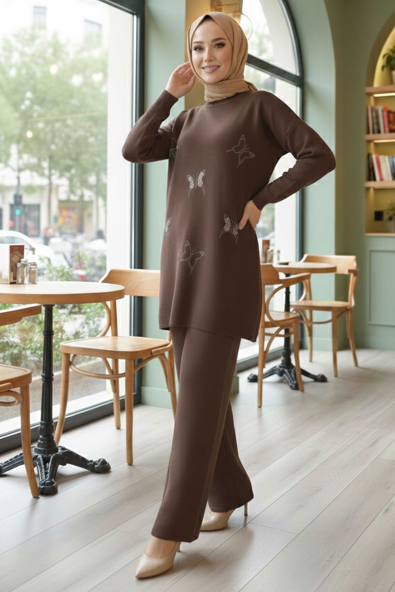 Kelebek Taş Detaylı Triko İkili Takım - 28122-KAHVE - TOFİSA