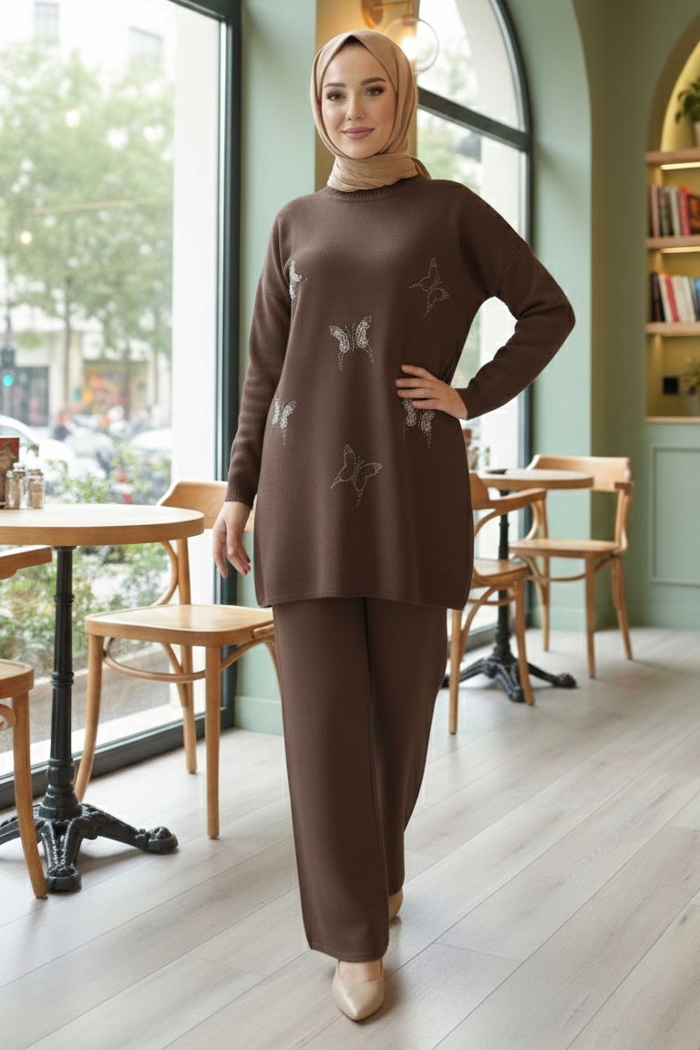 Kelebek Taş Detaylı Triko İkili Takım - 28122-KAHVE - TOFİSA
