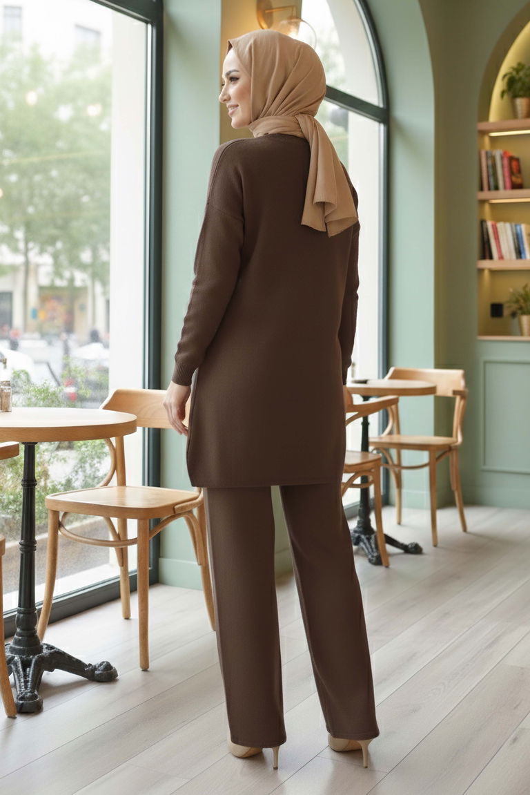 Kelebek Taş Detaylı Triko İkili Takım - 28122-KAHVE - TOFİSA