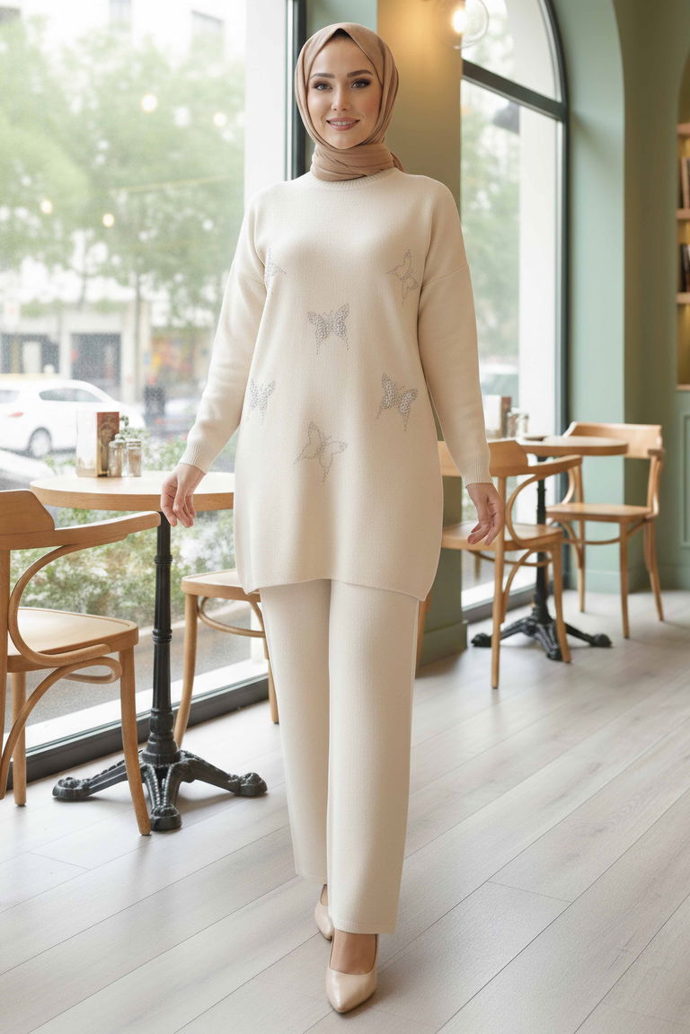 Kelebek Taş Detaylı Triko İkili Takım - 28122-KREM - TOFİSA