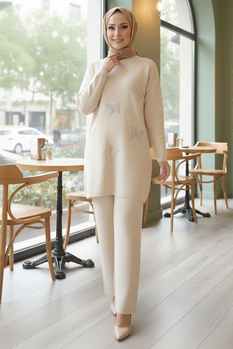 Kelebek Taş Detaylı Triko İkili Takım - 28122-KREM - TOFİSA