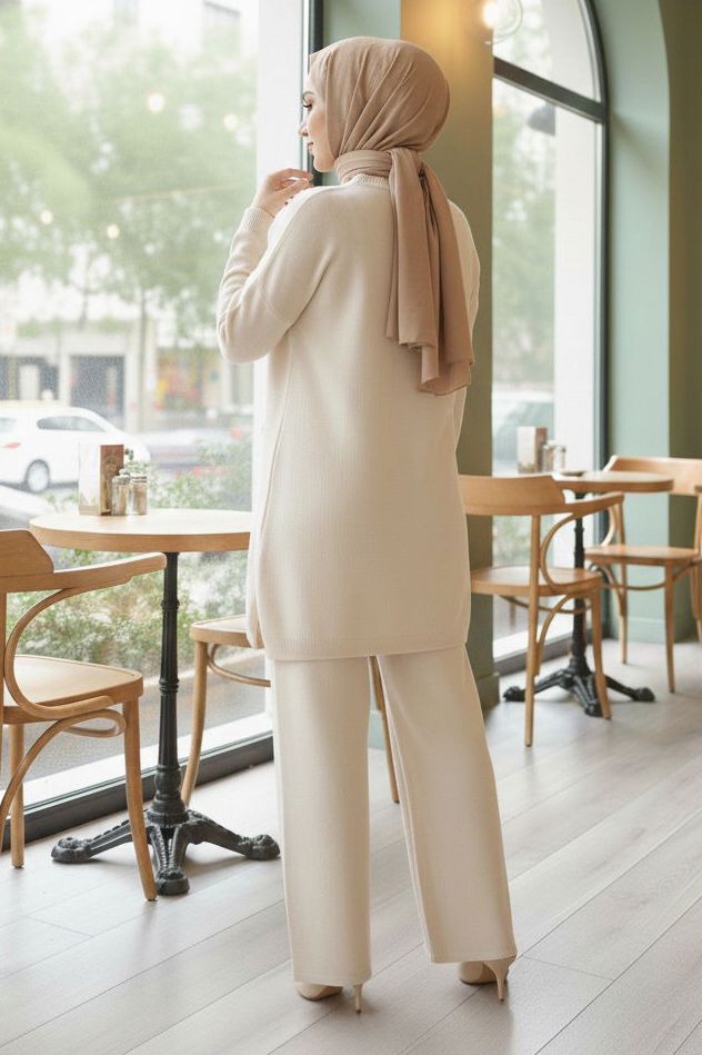 Kelebek Taş Detaylı Triko İkili Takım - 28122-KREM - TOFİSA