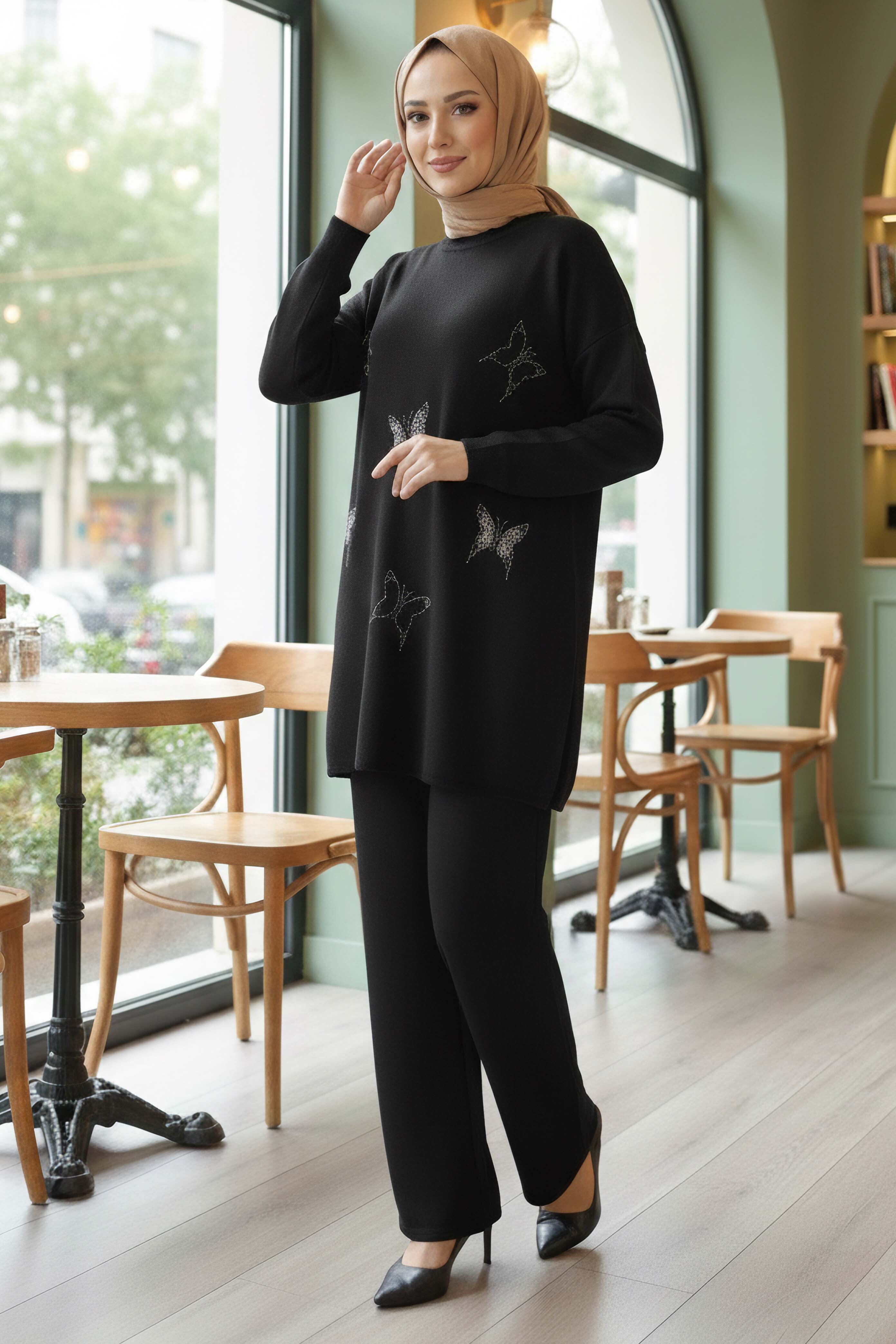 Kelebek Taş Detaylı Triko İkili Takım - 28122-SIYAH - 1