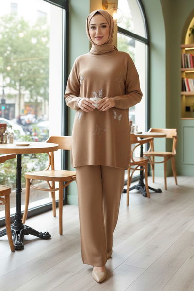 Kelebek Taş Detaylı Triko İkili Takım - 28122-VIZON 