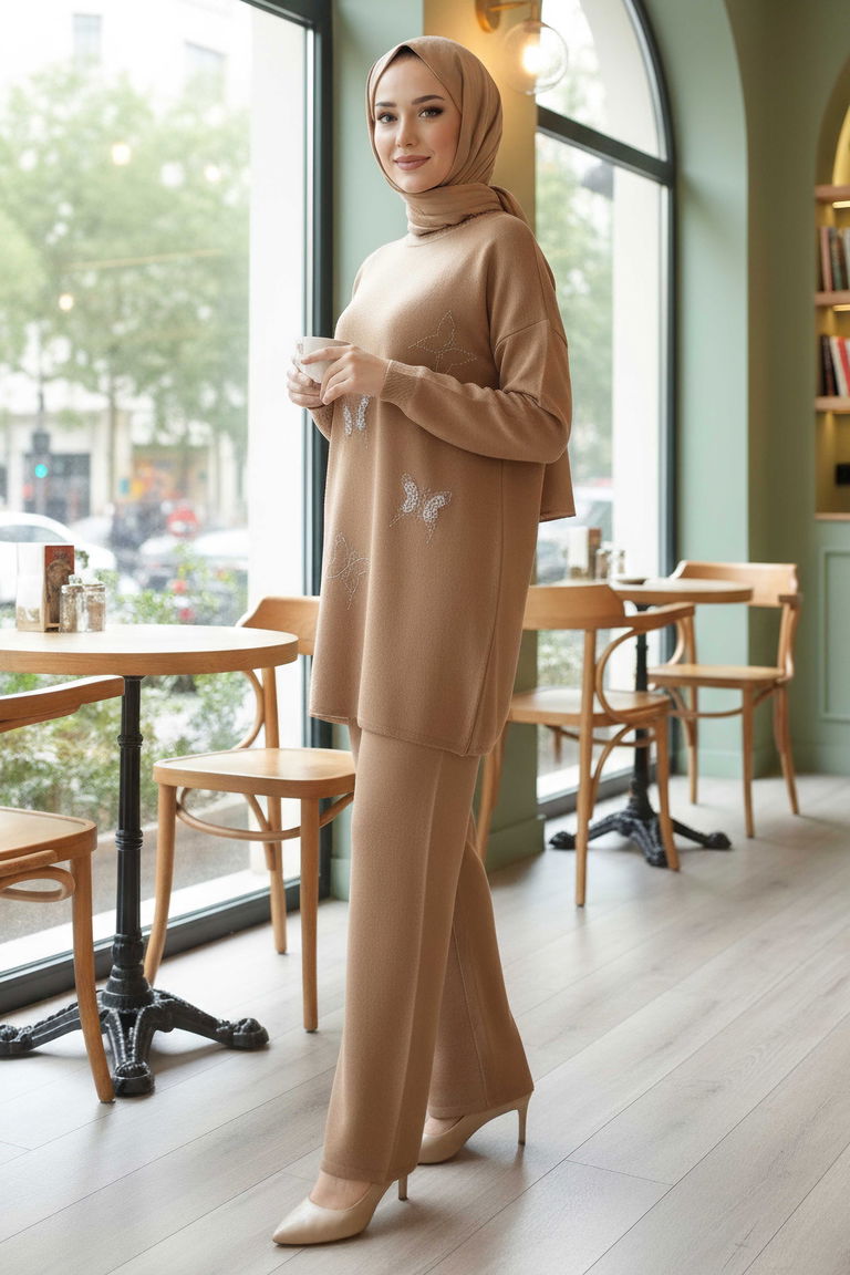 Kelebek Taş Detaylı Triko İkili Takım - 28122-VIZON - TOFİSA