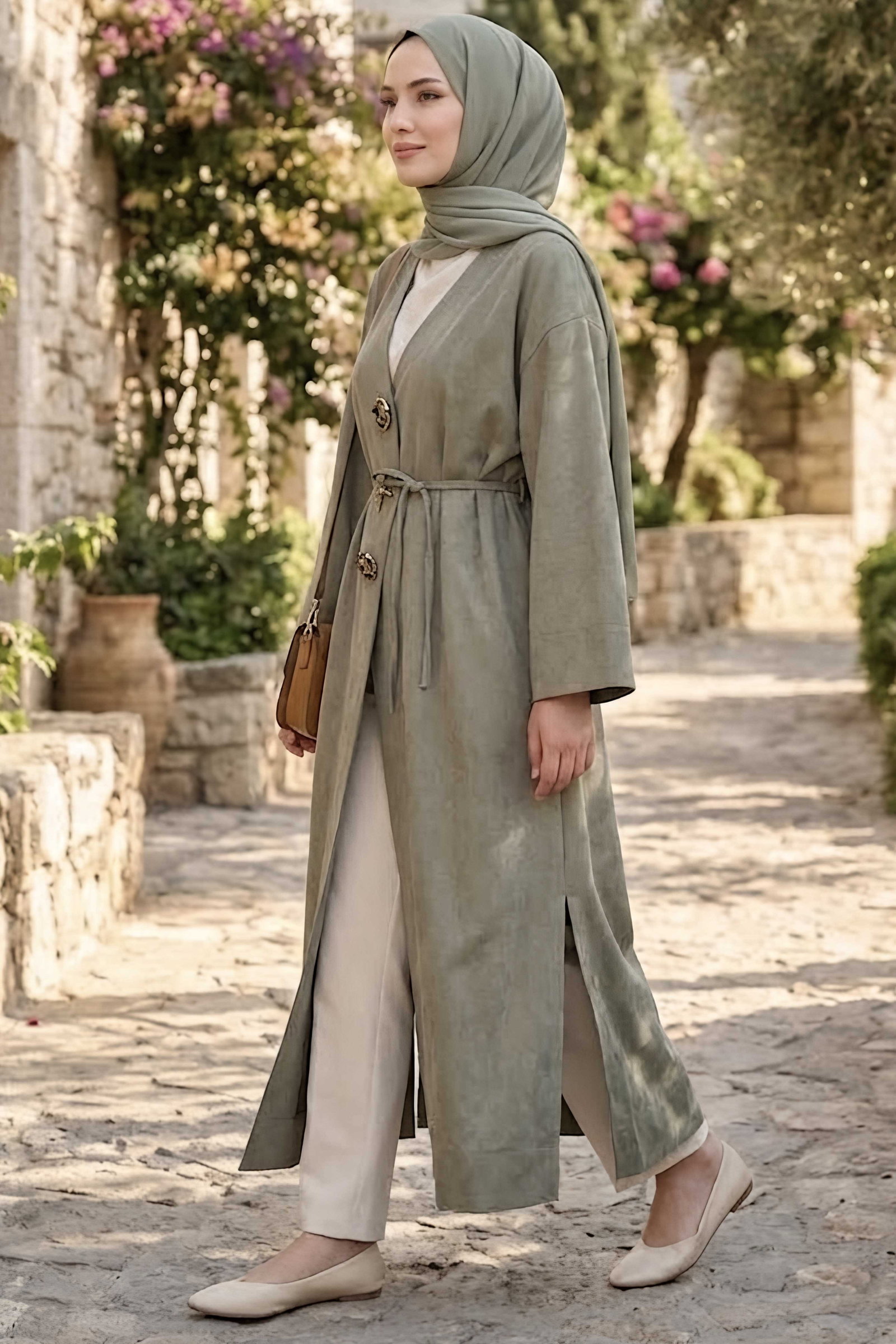 Kemerli Boroşlu Salaş Kimono Haki - 29025-HAKI - 2