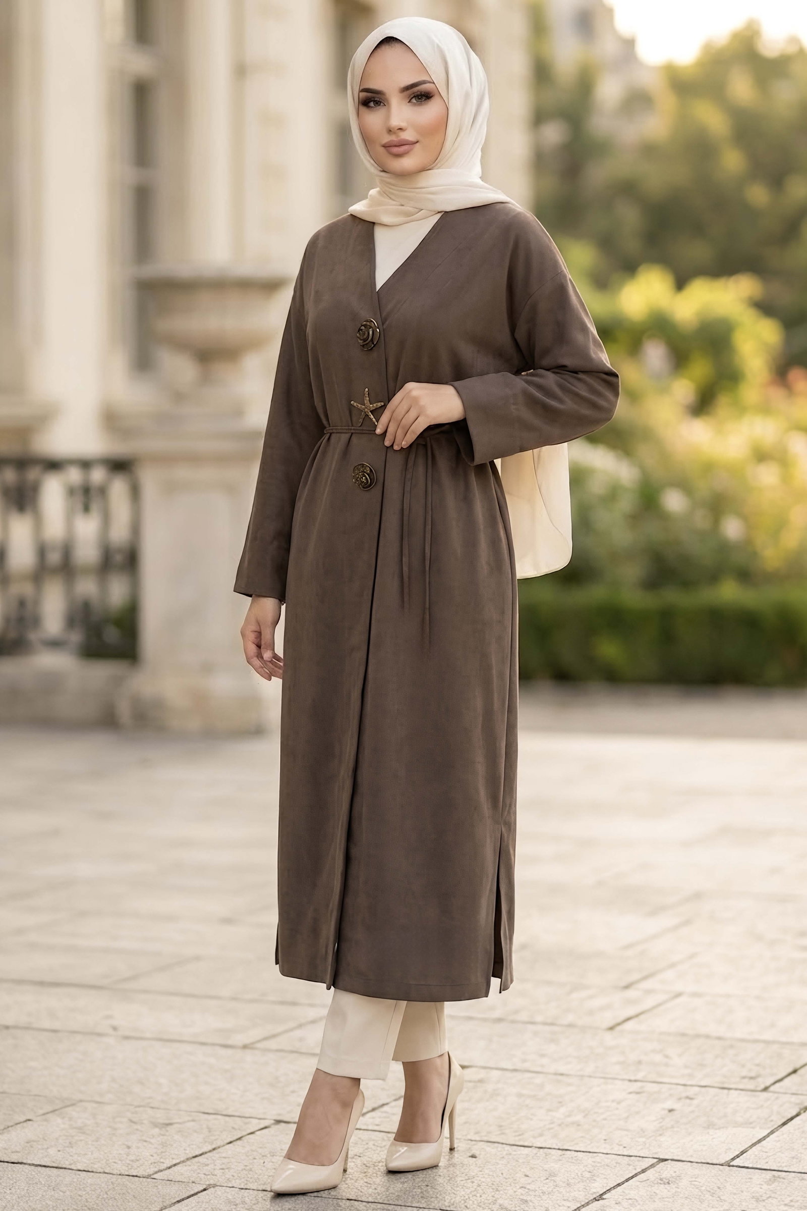 Kemerli Boroşlu Salaş Kimono Kahve - 29025-KAHVE - 1