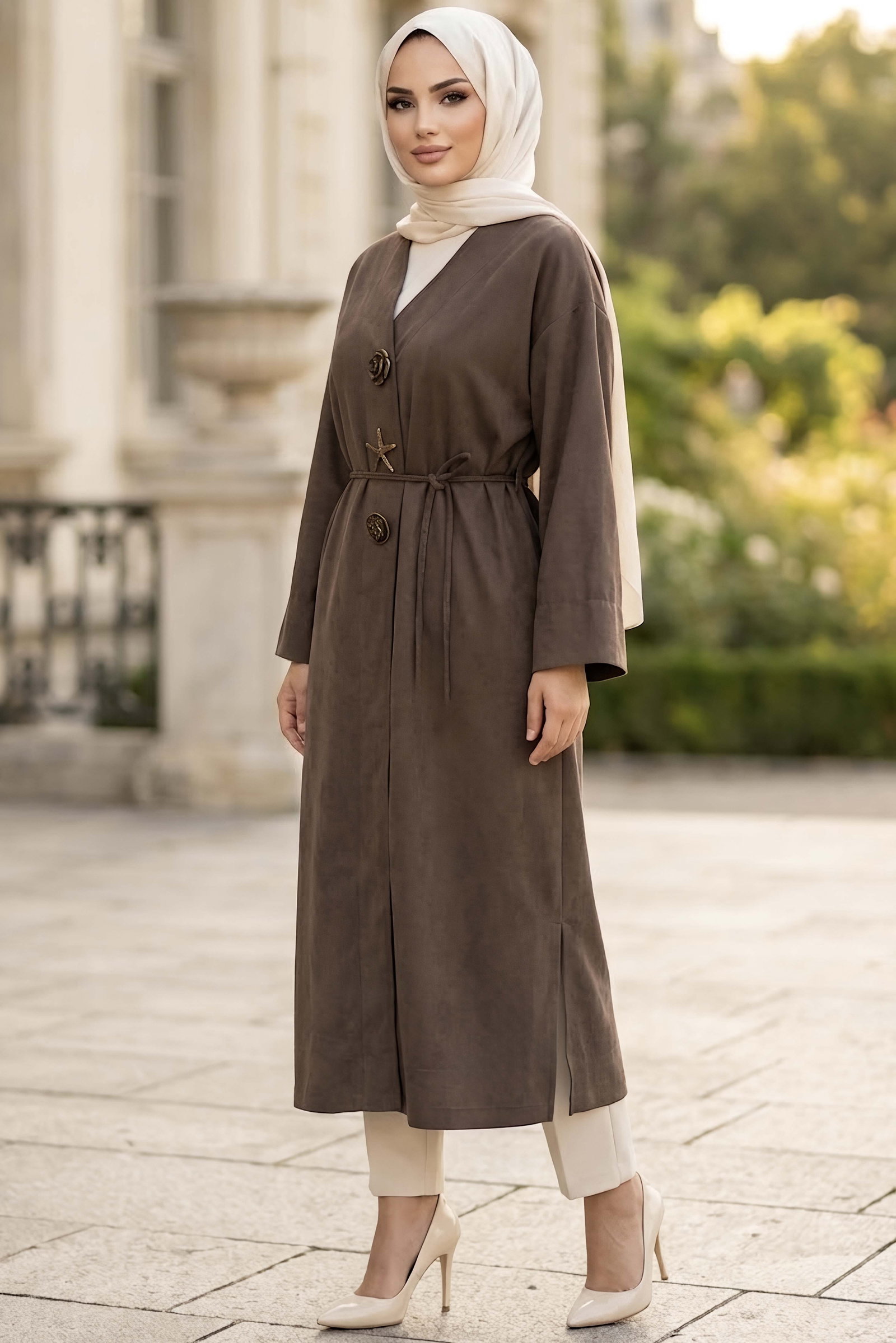 Kemerli Boroşlu Salaş Kimono Kahve - 29025-KAHVE - 2