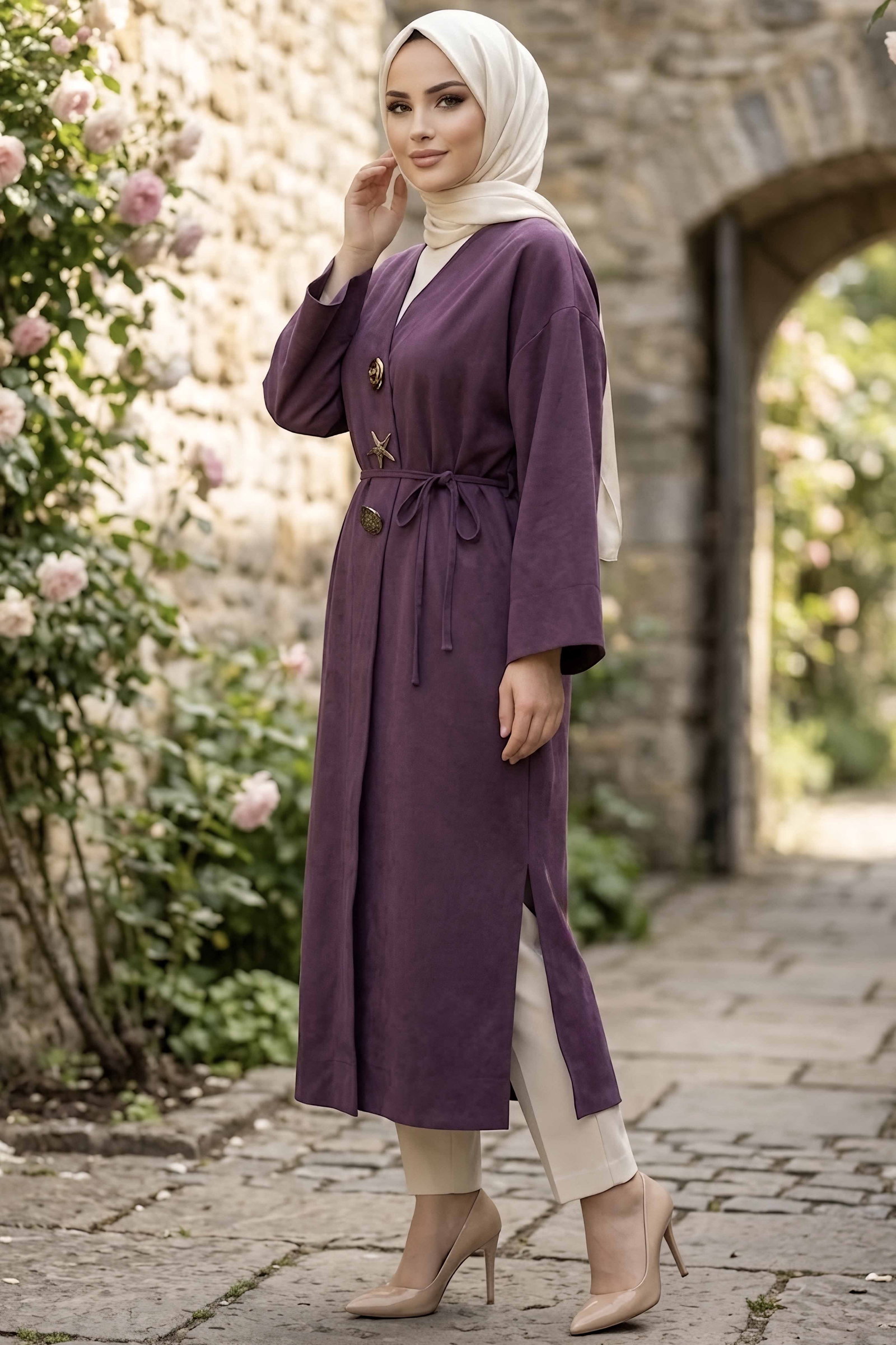 Kemerli Boroşlu Salaş Kimono Mürdüm - 29025-MURDUM - 2