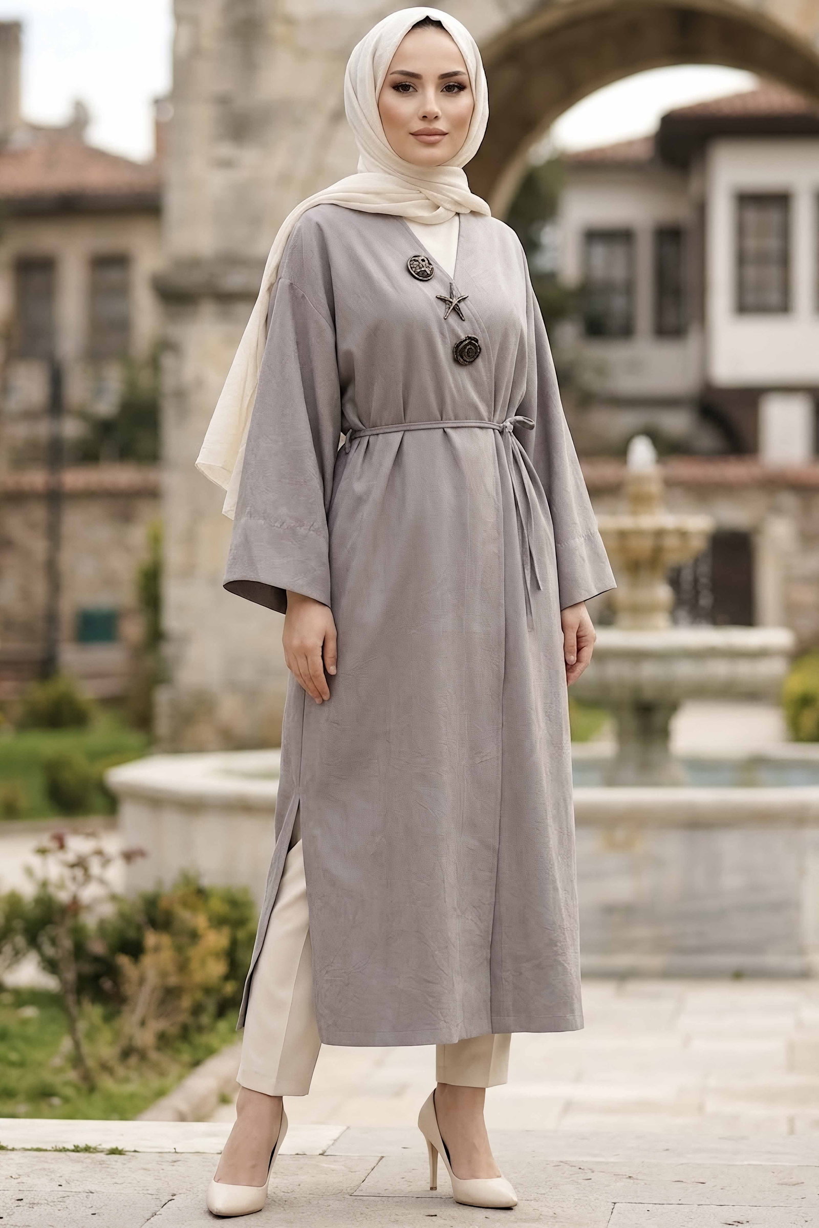 Kemerli Boroşlu Salaş Kimono Vizon - 29025-VIZON - 1