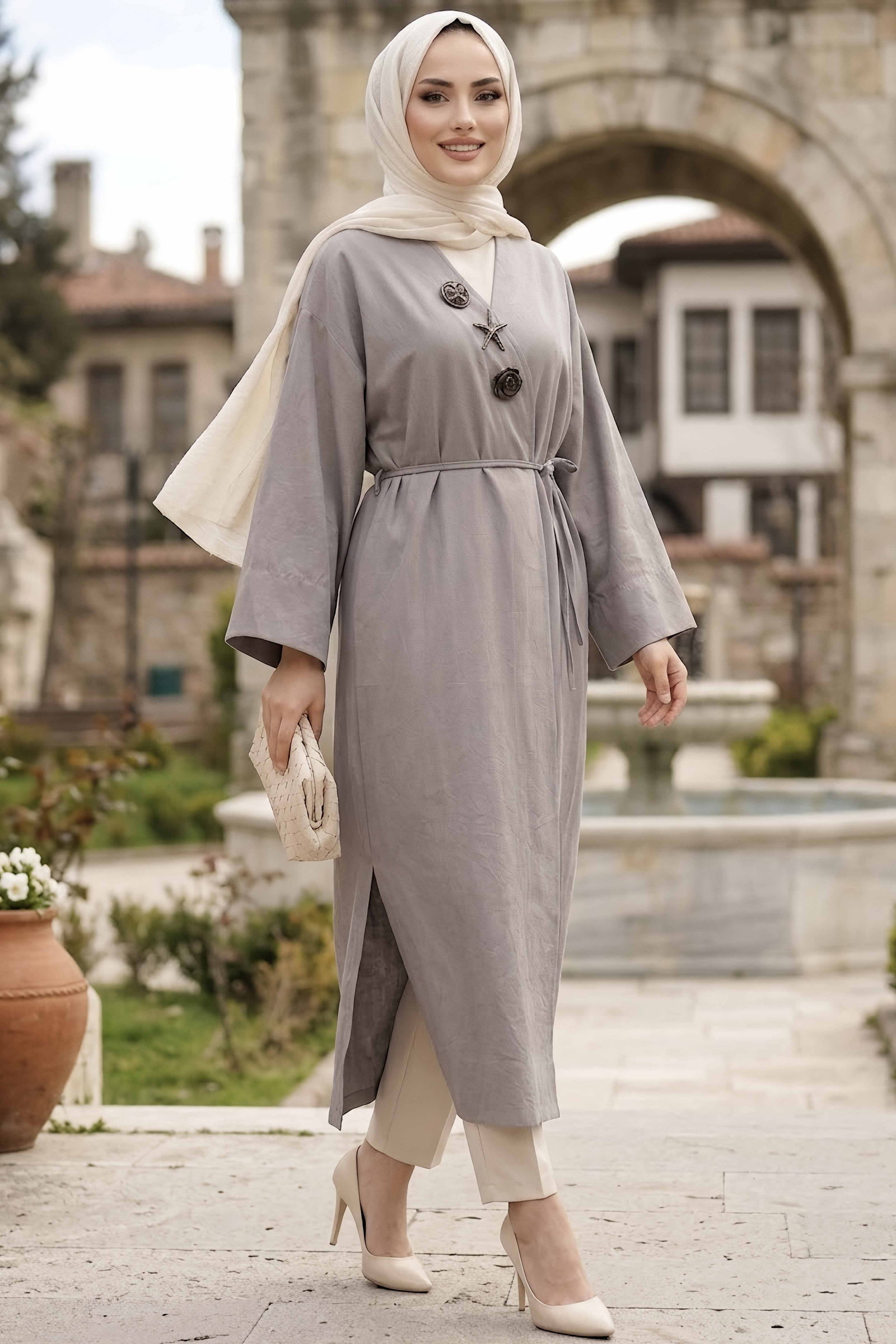 Kemerli Boroşlu Salaş Kimono Vizon - 29025-VIZON - 2