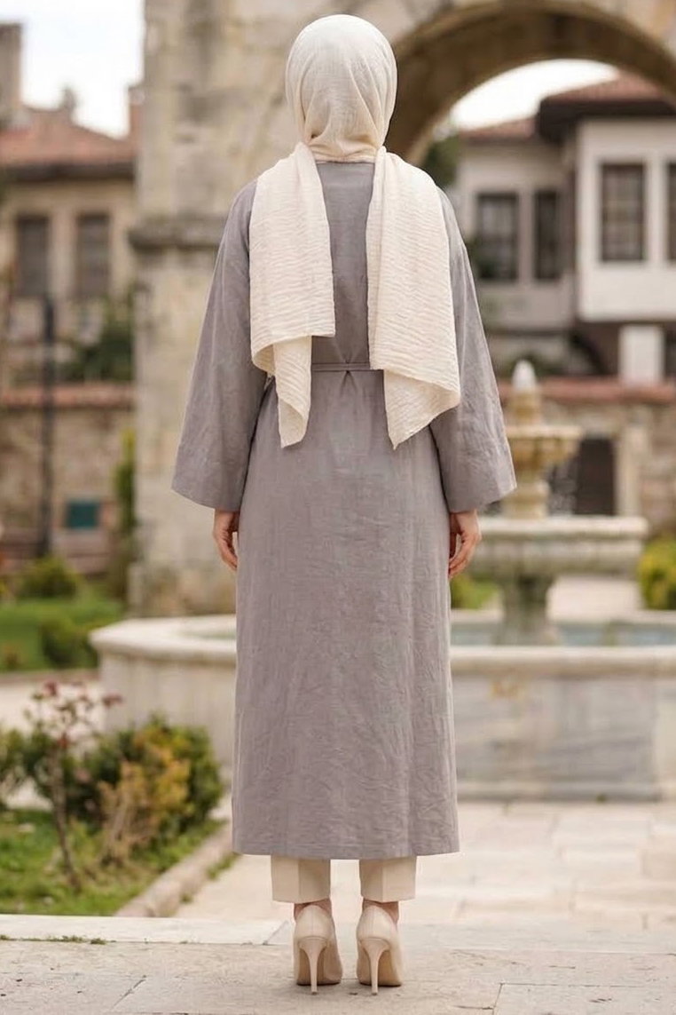 Kemerli Boroşlu Salaş Kimono Vizon - 29025-VIZON - 3