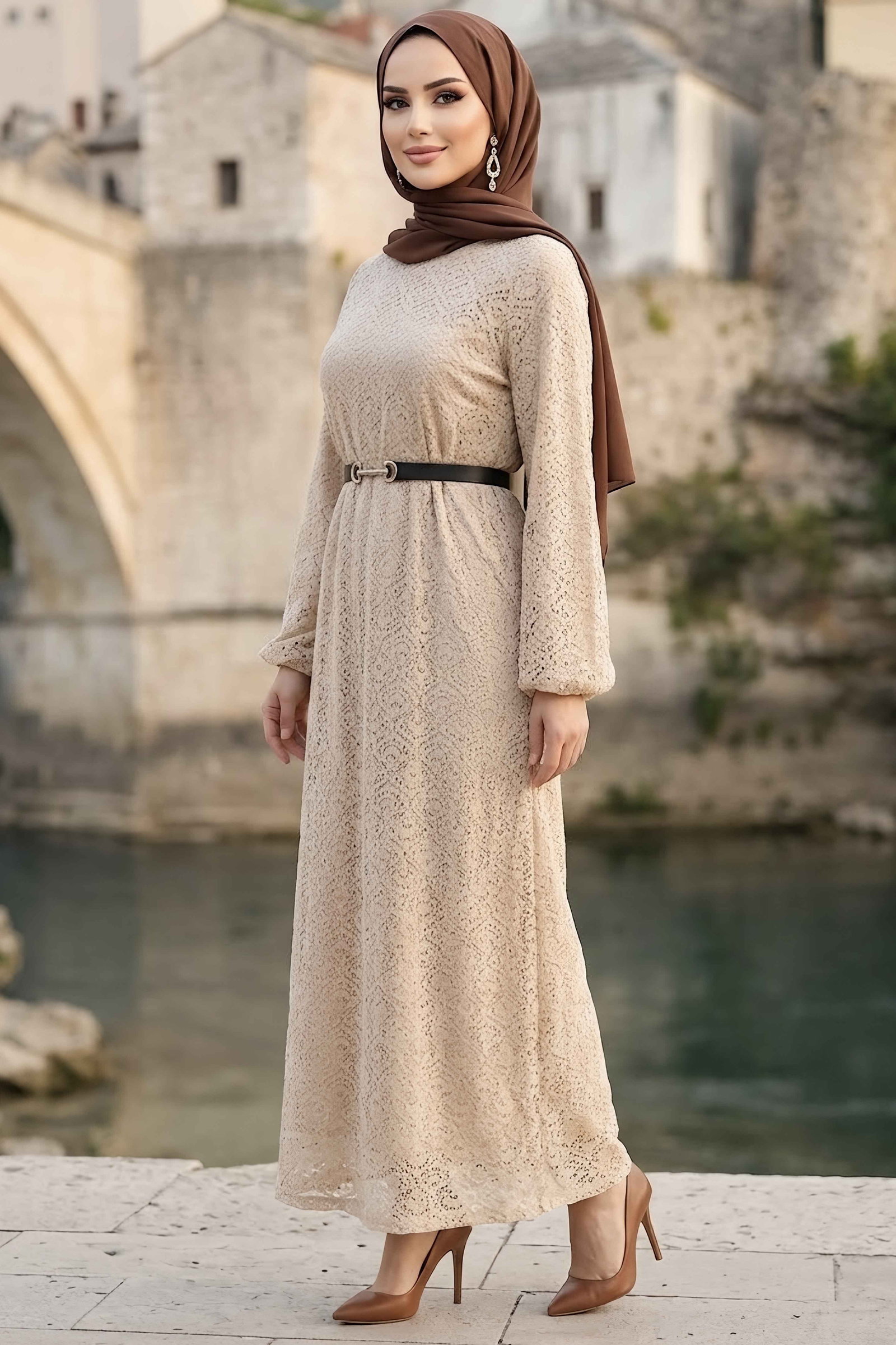 Kemerli Dantelli Abiye Elbise Bej - 29209-BEJ - 1
