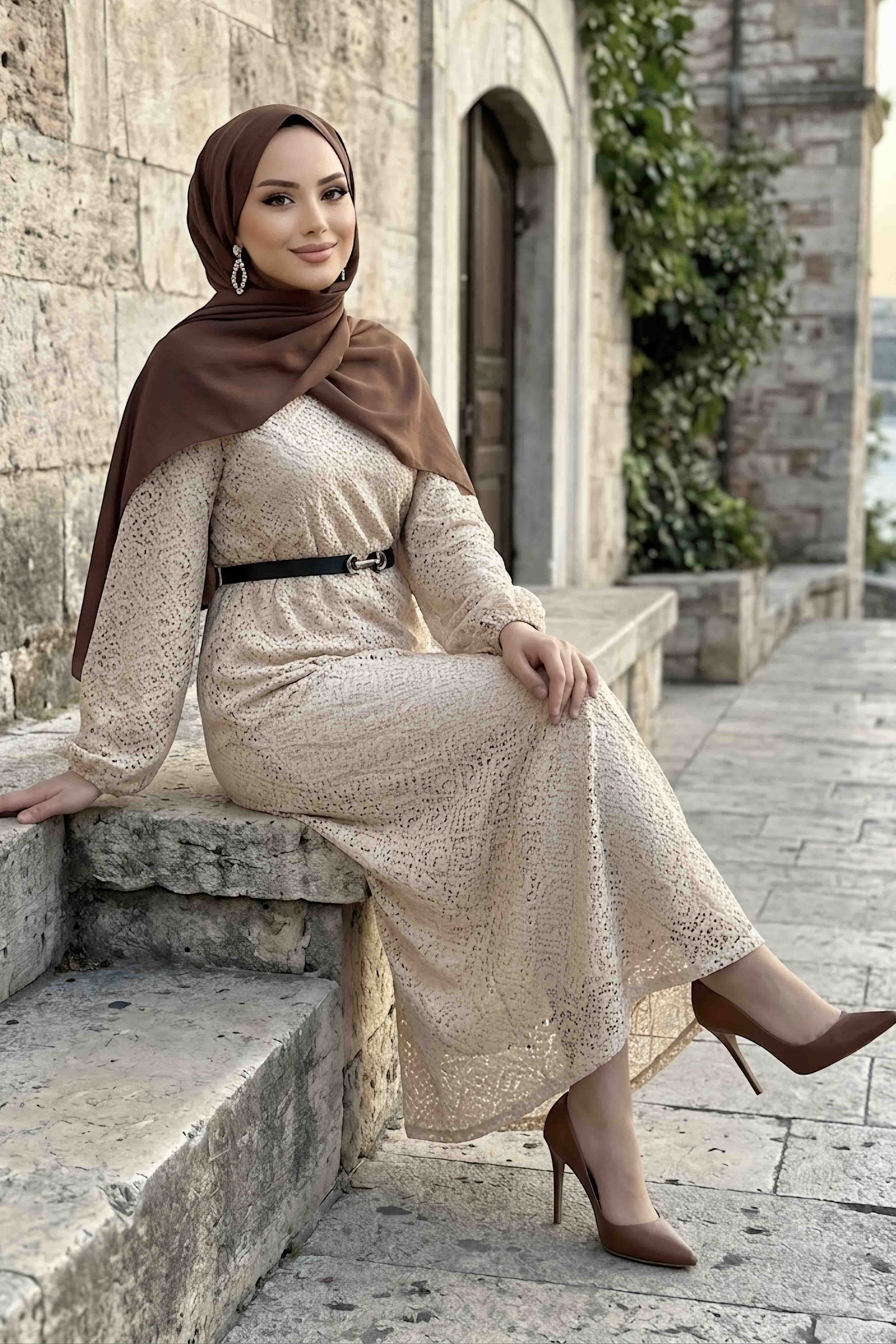 Kemerli Dantelli Abiye Elbise Bej - 29209-BEJ - 2