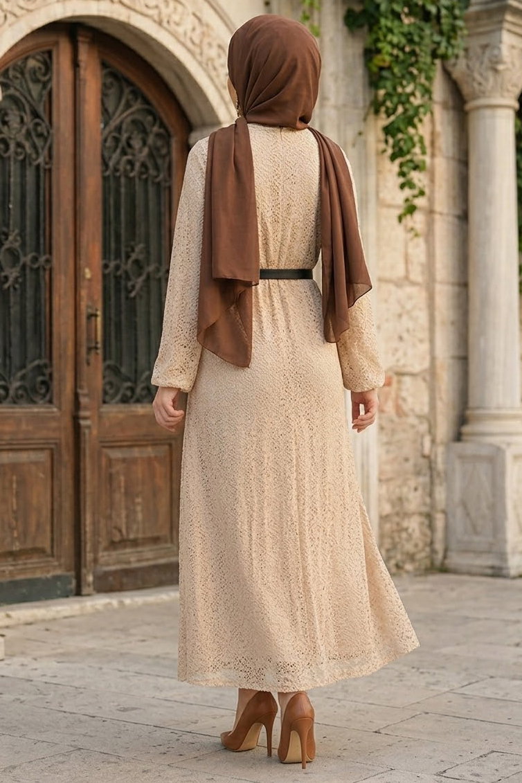 Kemerli Dantelli Abiye Elbise Bej - 29209-BEJ - 3