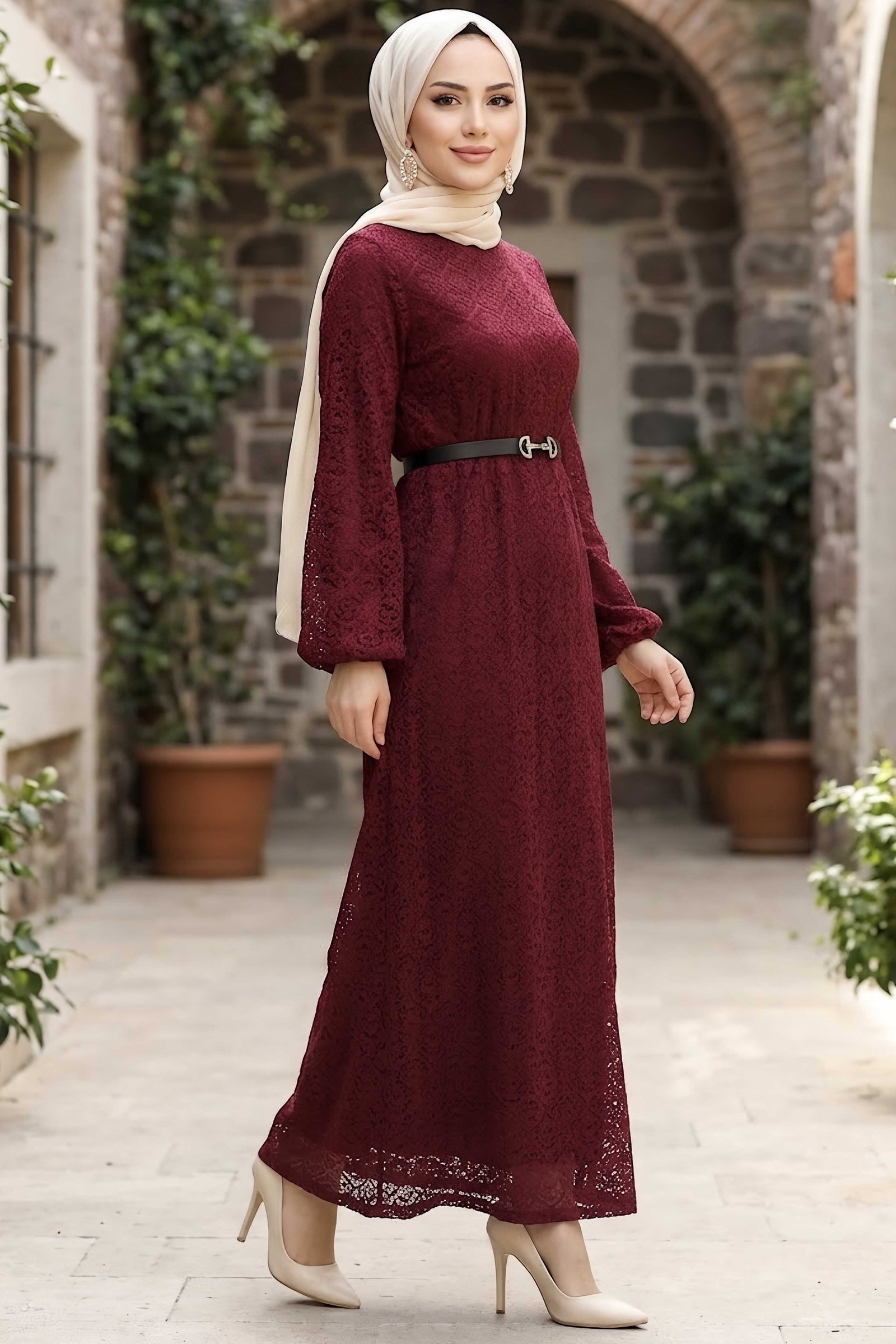 Kemerli Dantelli Abiye Elbise Bordo - 29209-BORDO - 1