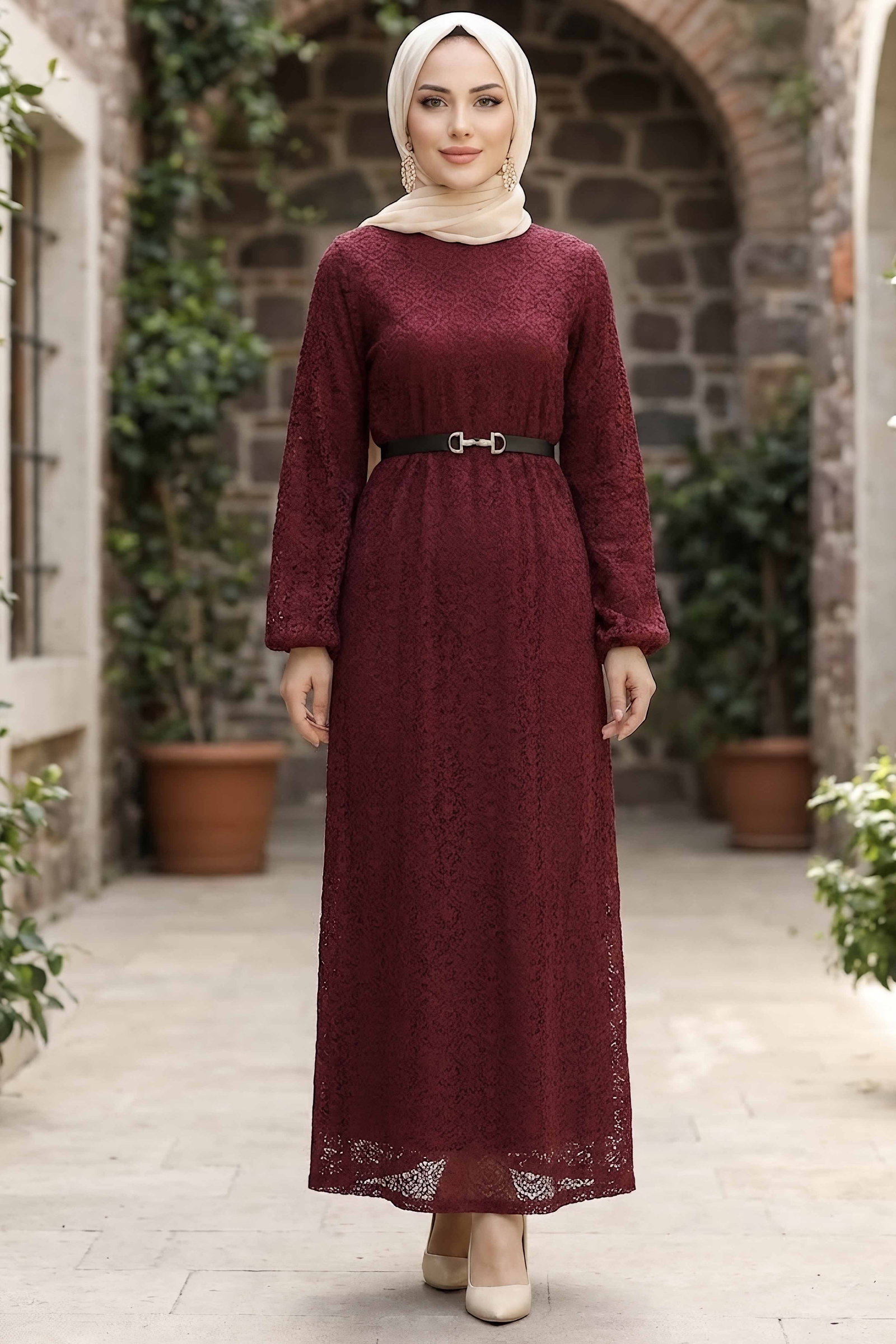 Kemerli Dantelli Abiye Elbise Bordo - 29209-BORDO - 2