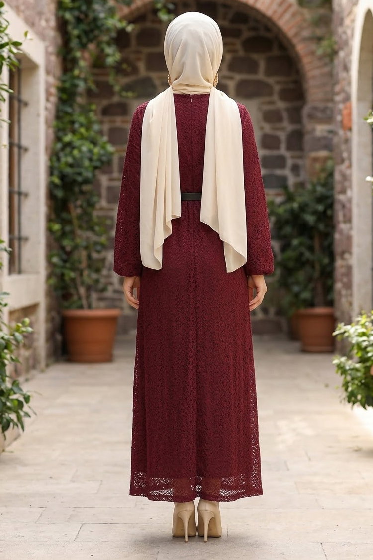Kemerli Dantelli Abiye Elbise Bordo - 29209-BORDO - 3