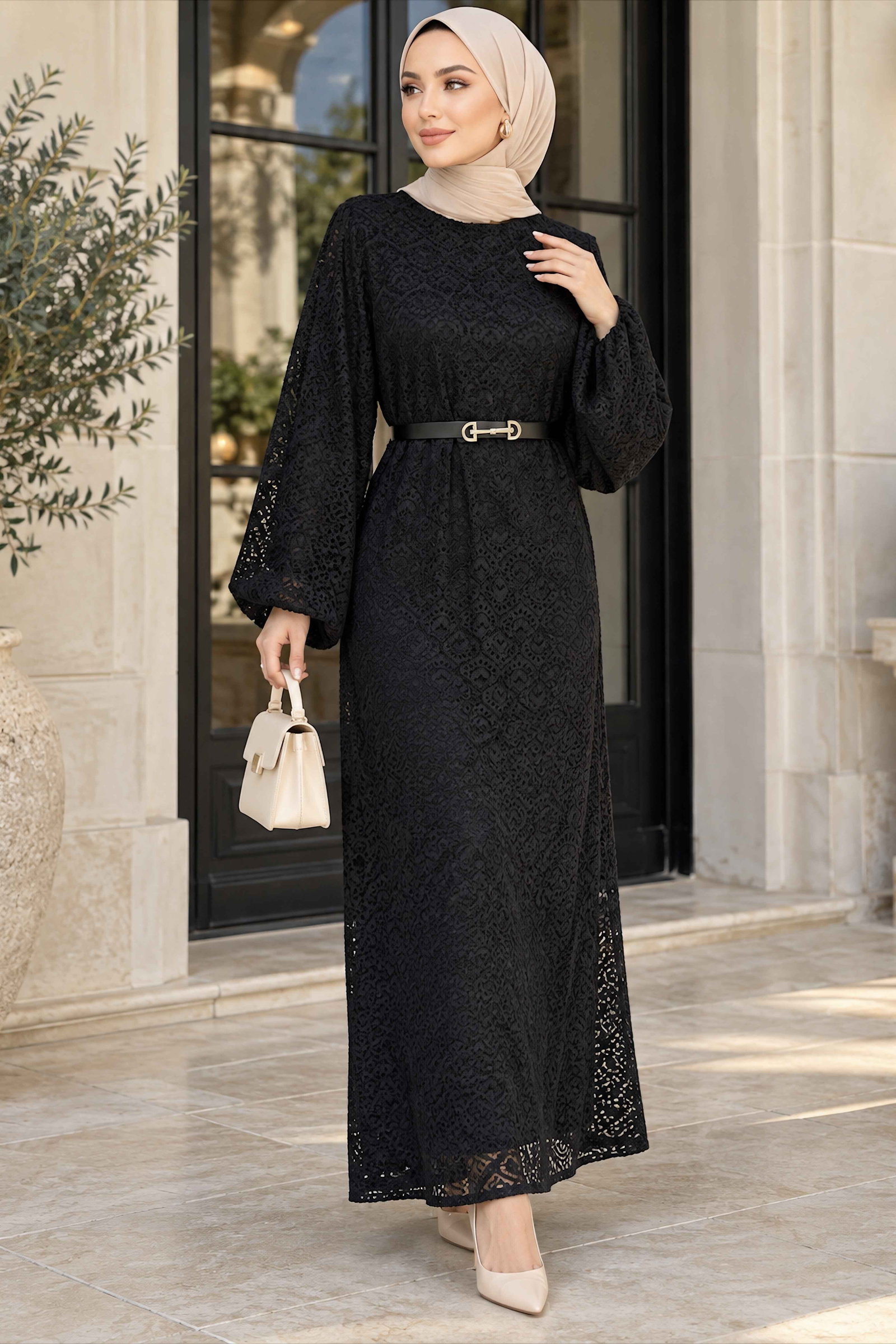 Kemerli Dantelli Abiye Elbise Siyah - 29209-SIYAH - 2