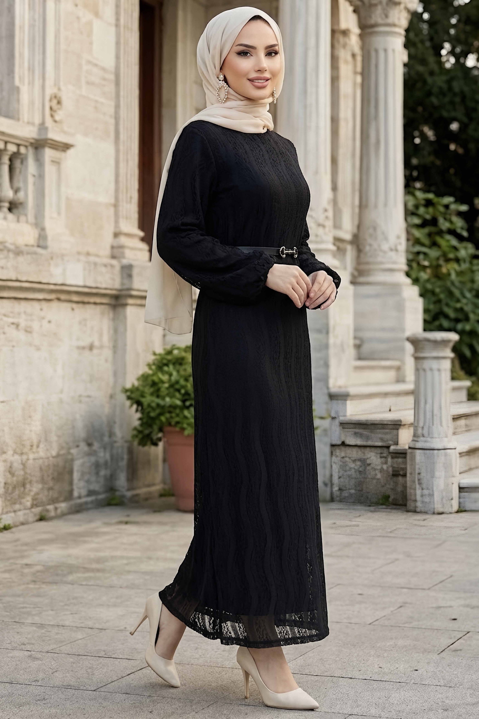 Kemerli Dantelli Abiye Elbise Siyah - 29210-SIYAH - 2