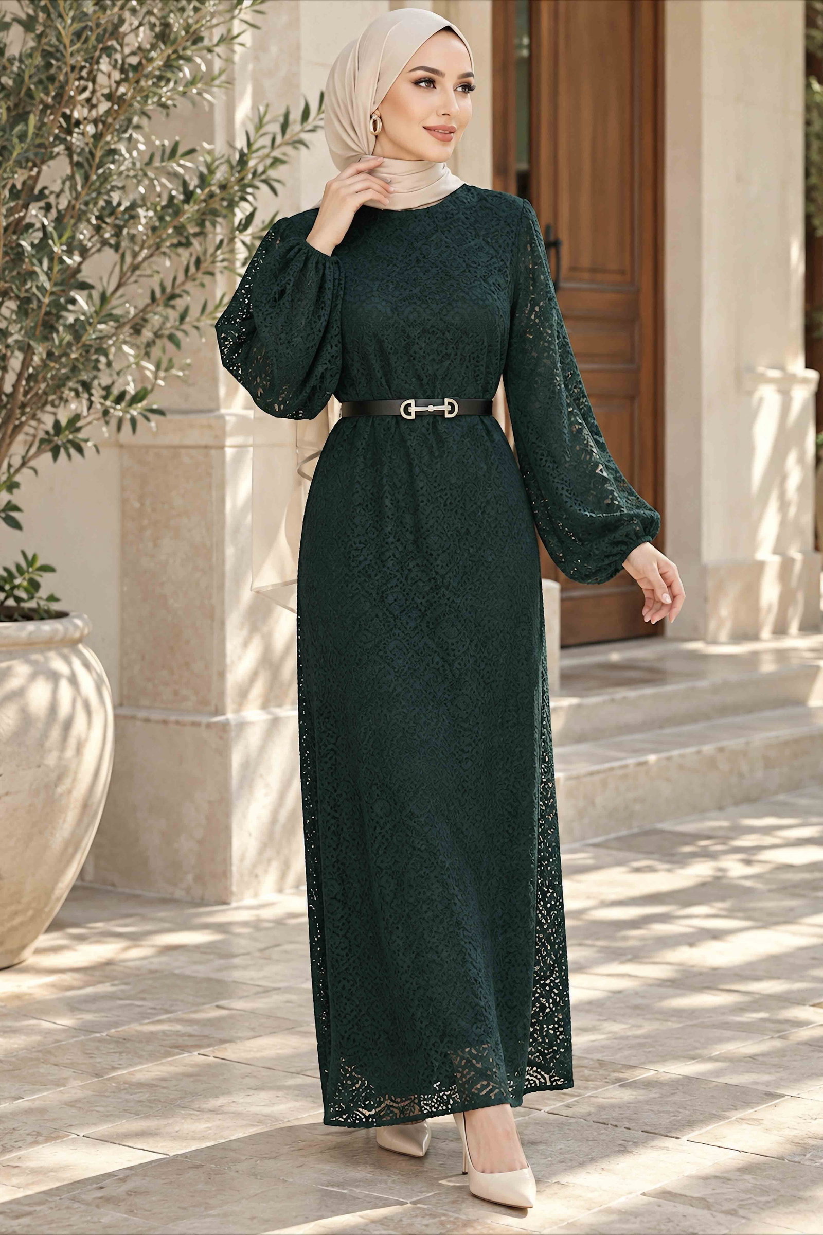 Kemerli Dantelli Abiye Elbise Zümrüt - 29209-ZUMRUT - 2