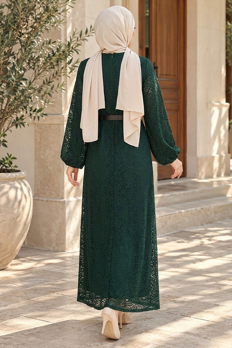 Kemerli Dantelli Abiye Elbise Zümrüt - 29209-ZUMRUT - 3