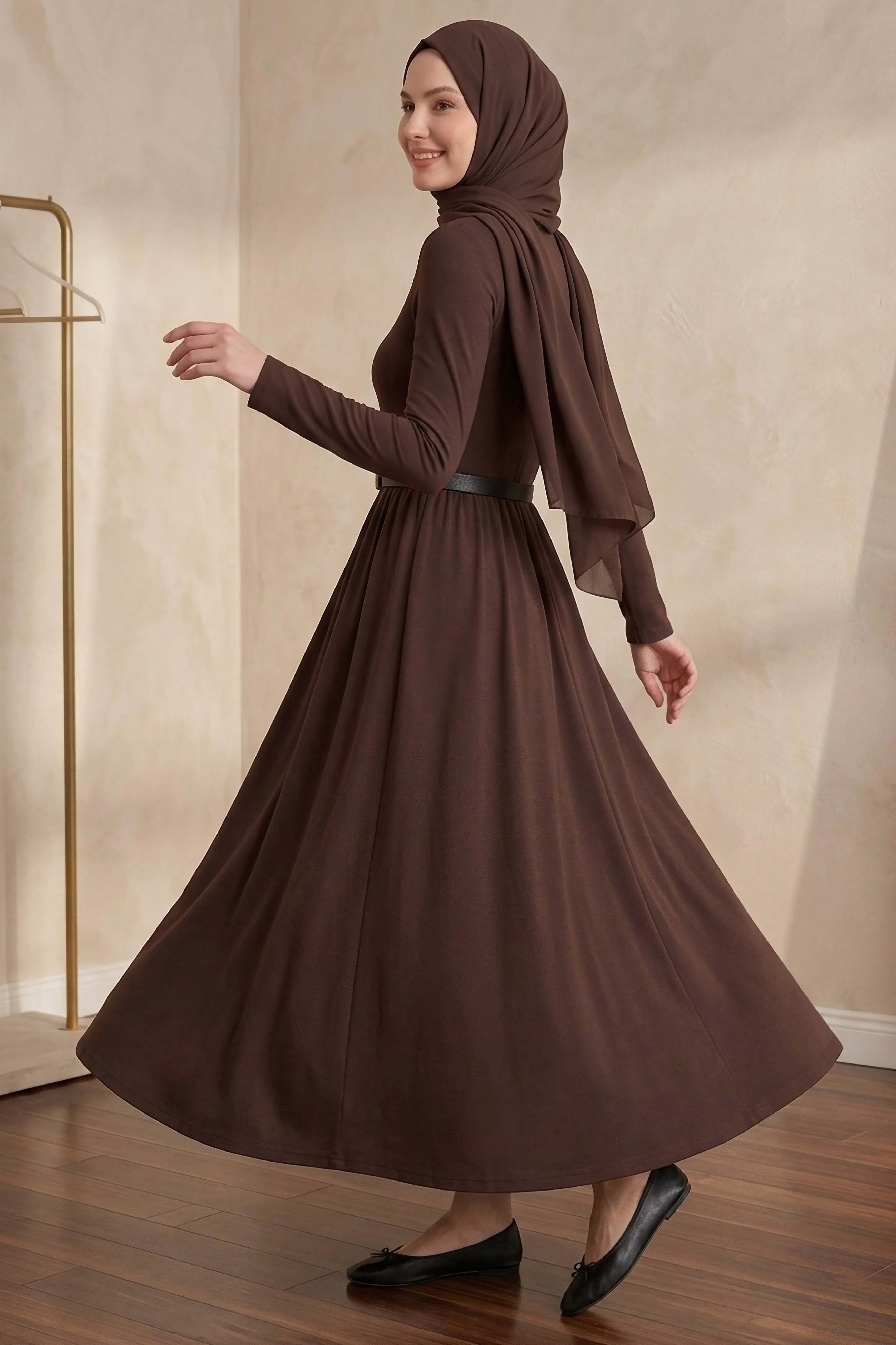 Kemerli Elbise - 28407-KAHVE - 1