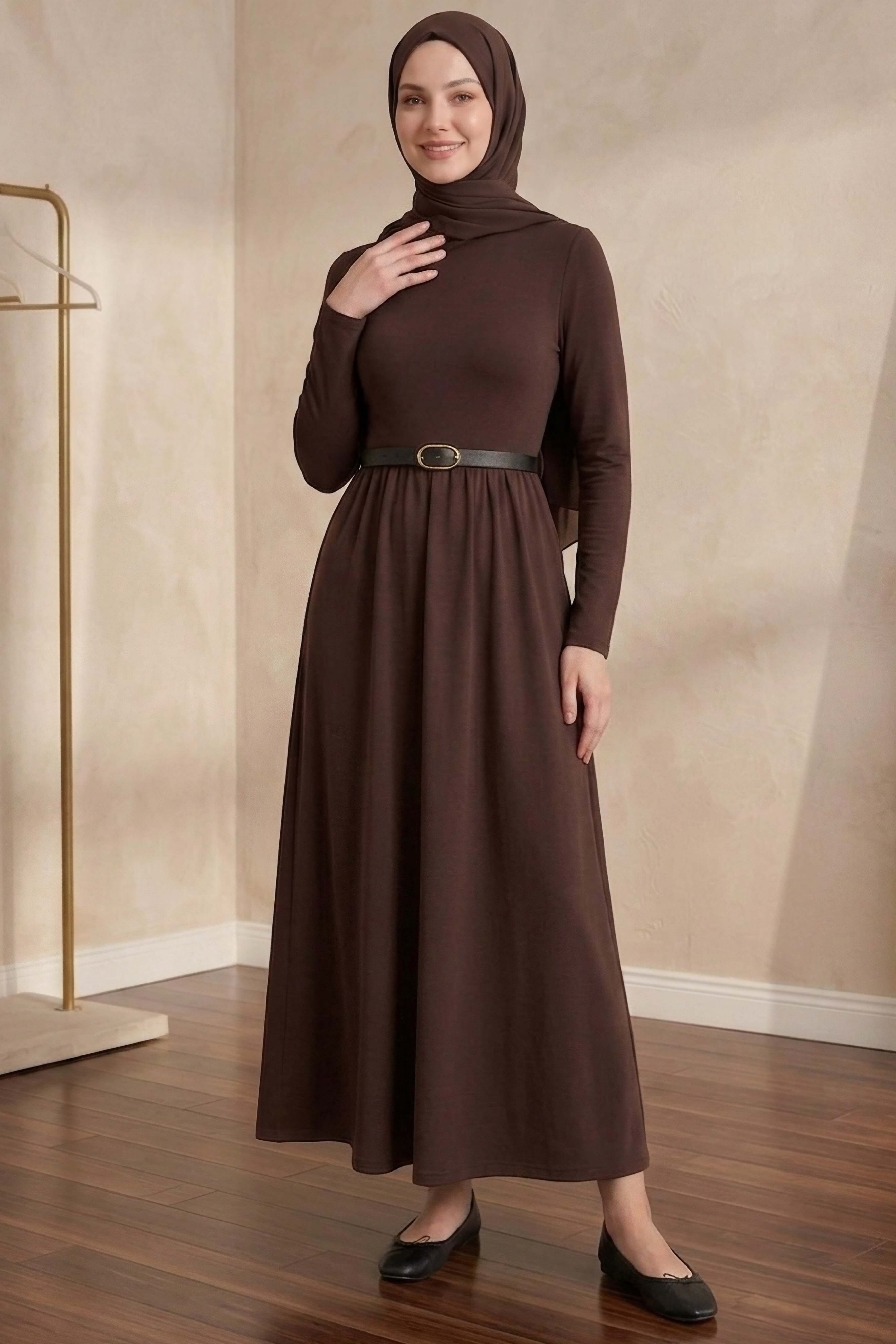 Kemerli Elbise - 28407-KAHVE - 2