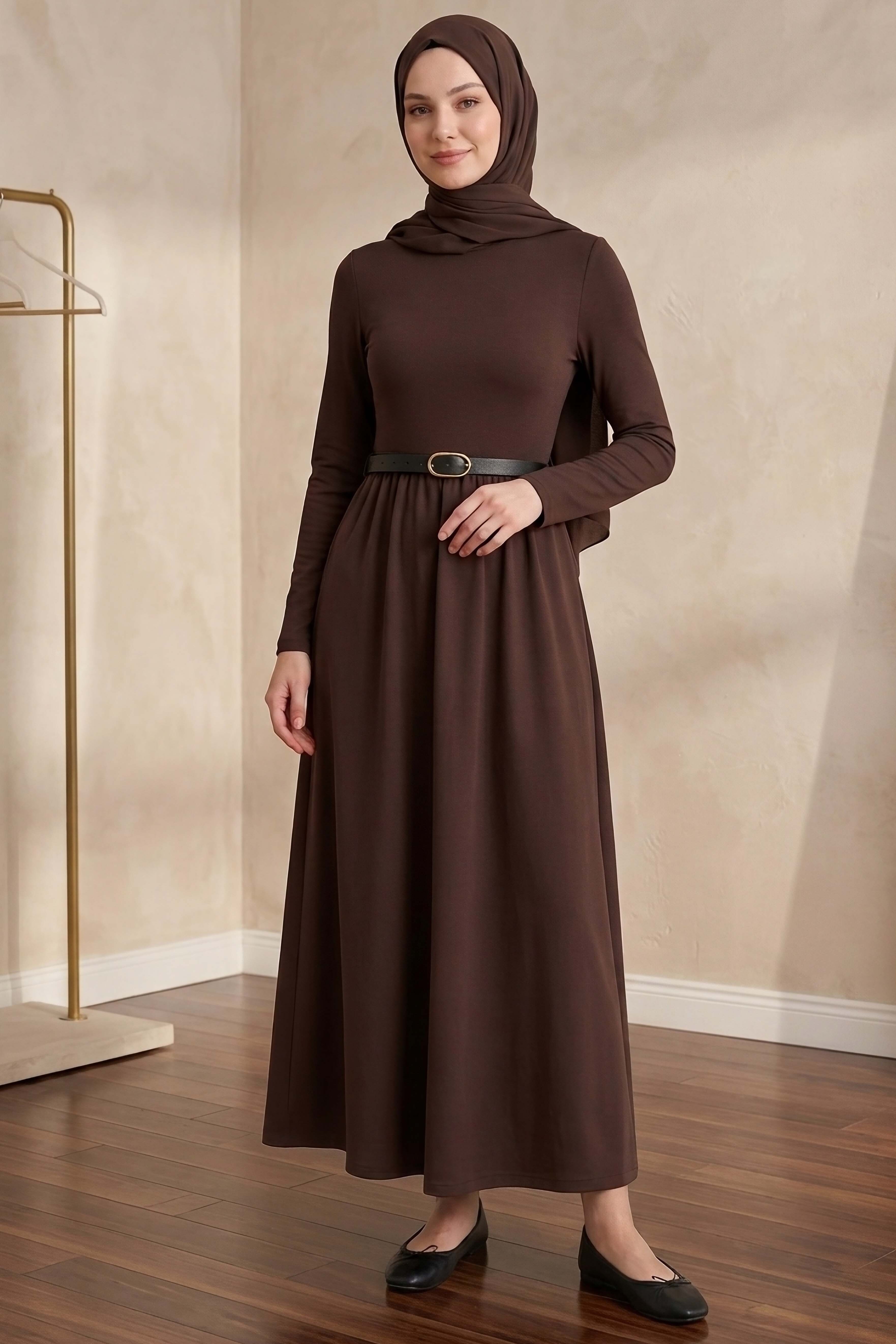 Kemerli Elbise - 28407-KAHVE - 3